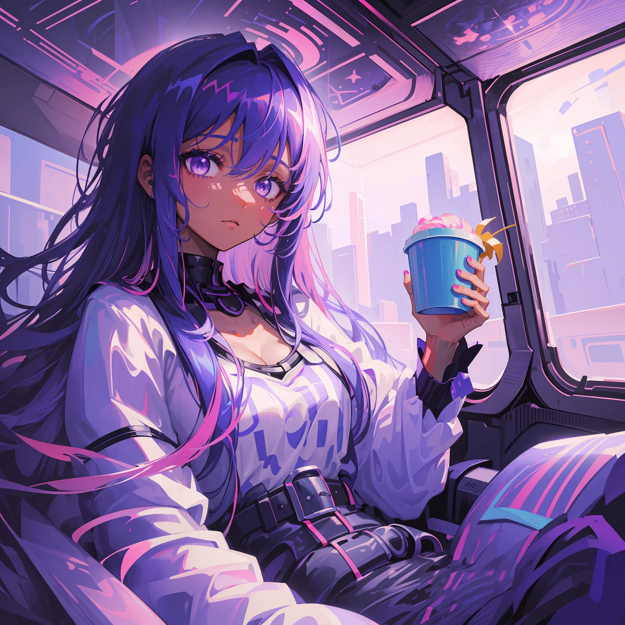 (a masterpiece, the best quality,), fragment of high resolution and vivid, futuristic woman, (dark skin, long hair,(purple hair:1.2+blue hair+pink hair), purple colored eyes), sipping coffee in a futuristic space.