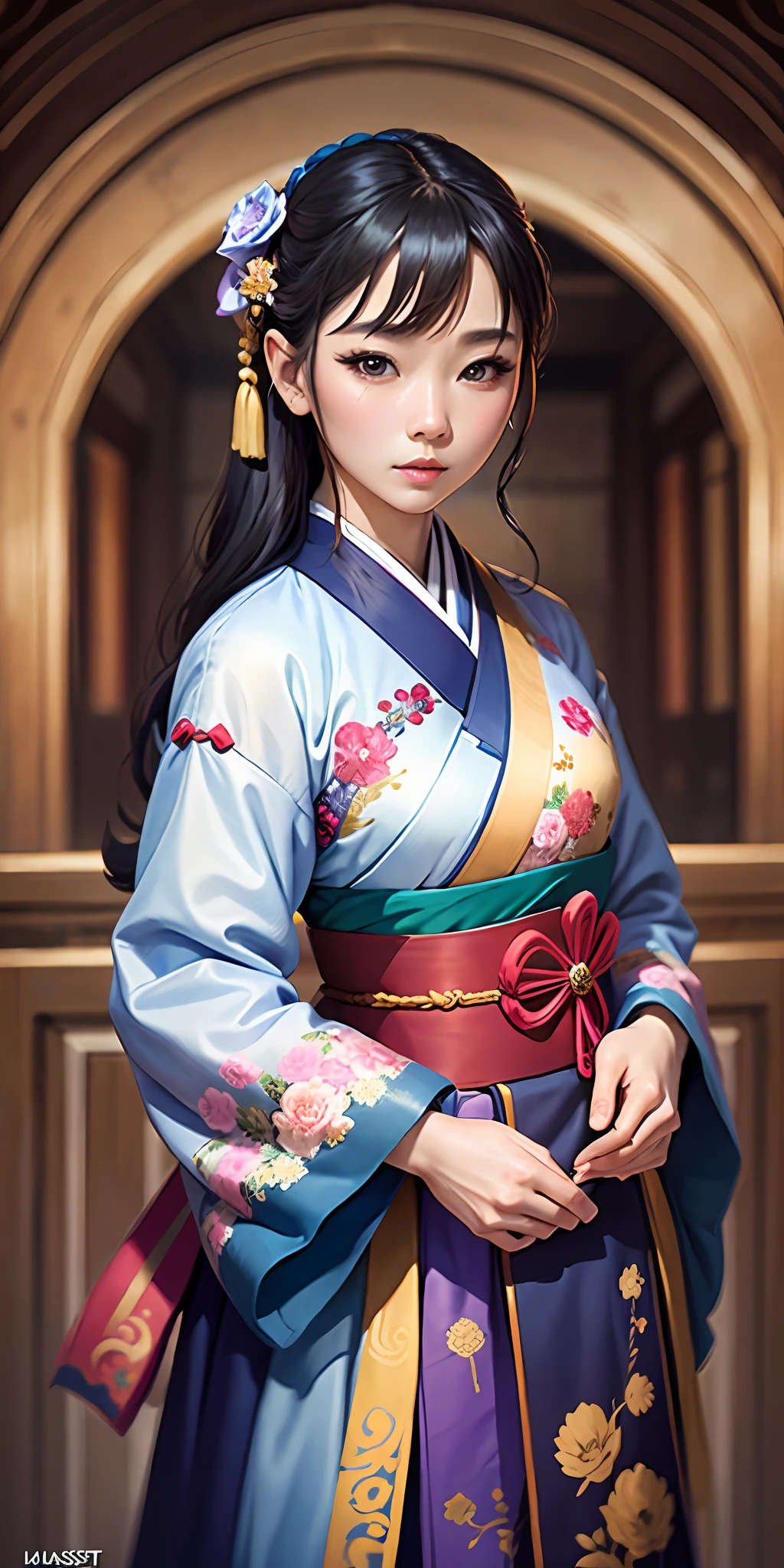 (masterpiece:1.2, best quality), 1lady, solo, hanbok,
