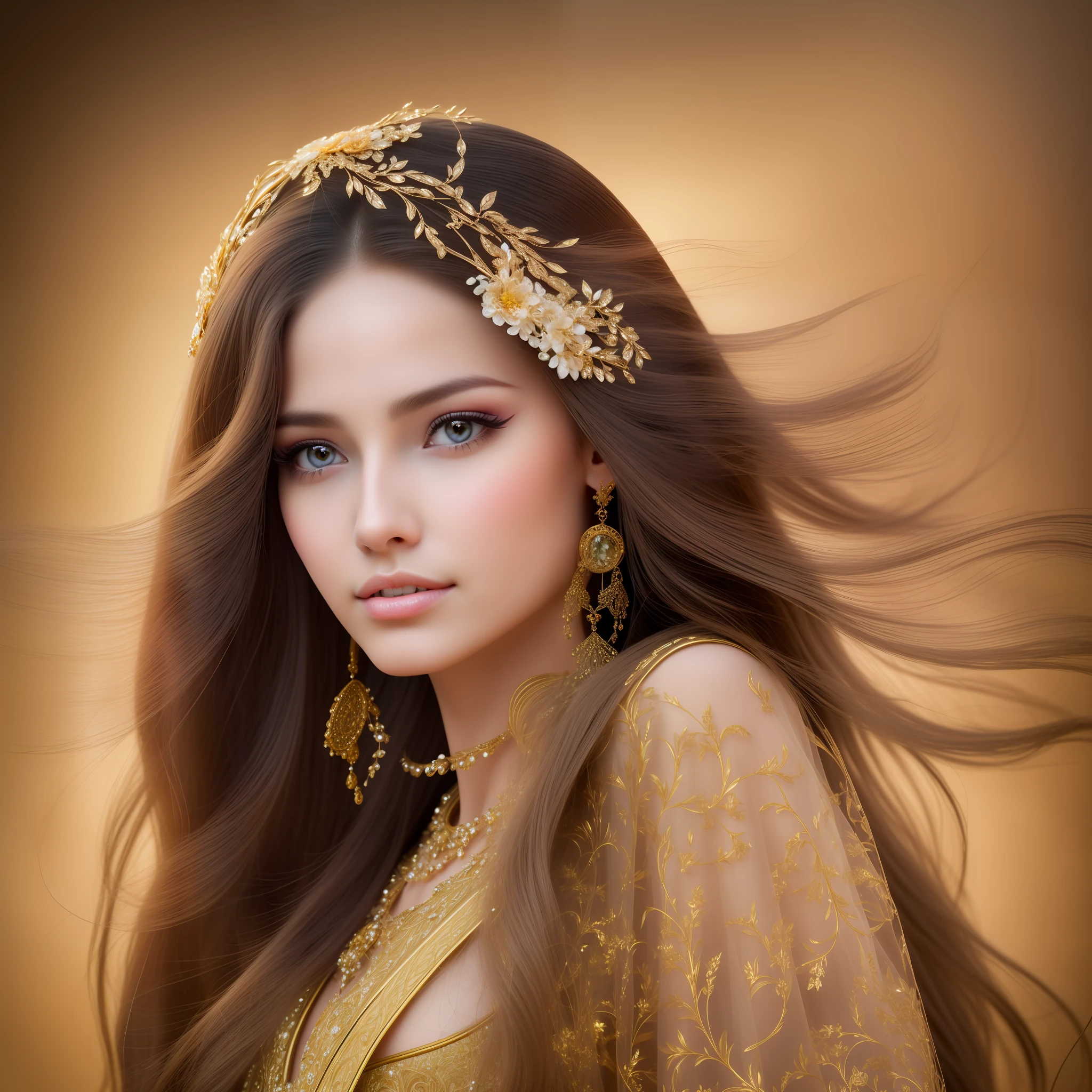 Photograph of a woman. Natural skin, long and voluminous hair, sharp eyes, a thin and upturned nose, shapely lips, an hourglass figure, typical clothes and makeup, intricately maximalist-detailed, vibrant, epic, smooth, cinematic, HD, backlit, and a shallow depth of field.