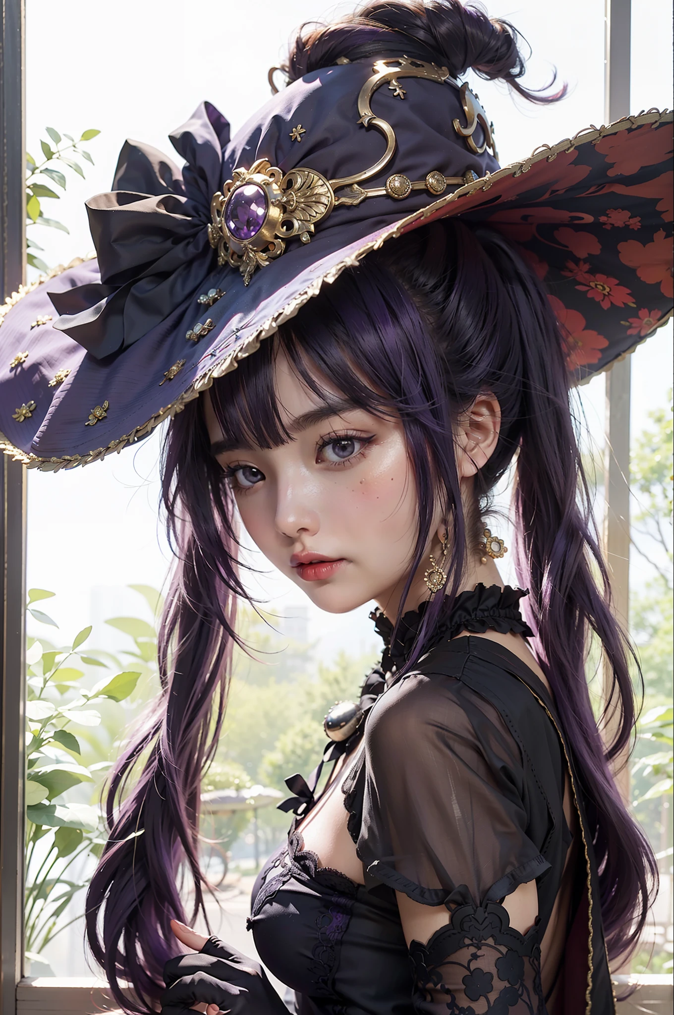 Best quality, masterpiece, big boobs, (large breasts), detailed skin texture, detailed cloth texture, detailed face, super detail, 8k, intricate detail, 1girl, purple hair, pretty lips