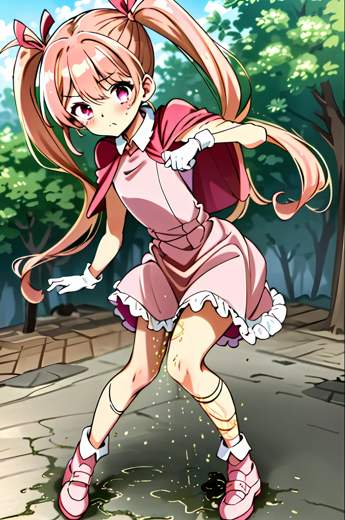 Masterpiece, Best Quality, High Resolution, HMBK1, 1Girl, Twintails, Drill Hair, Long Hair, Pink Eyes, Red Cape, Ribbon, White Gloves, Pink Dress, Ruffles, Outdoor, City, Hand on Thigh, Standing, Peeing Myself, Peeing, Peeing,
