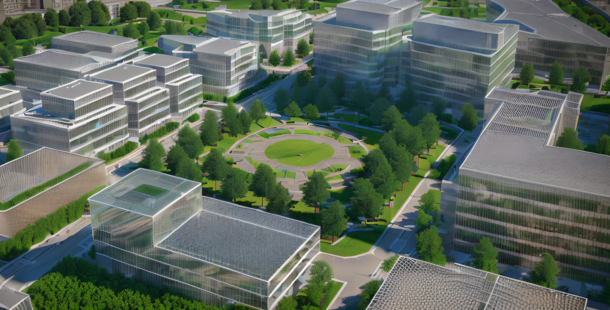 (best quality:1.4), (masterpiece:1.4), (detailed:1.3), 8K, a realistic 3D rendering using Rhino to construct the model and V-Ray for rendering, aerial view, an urban park in downtown surrounded by office buildings and apartments.