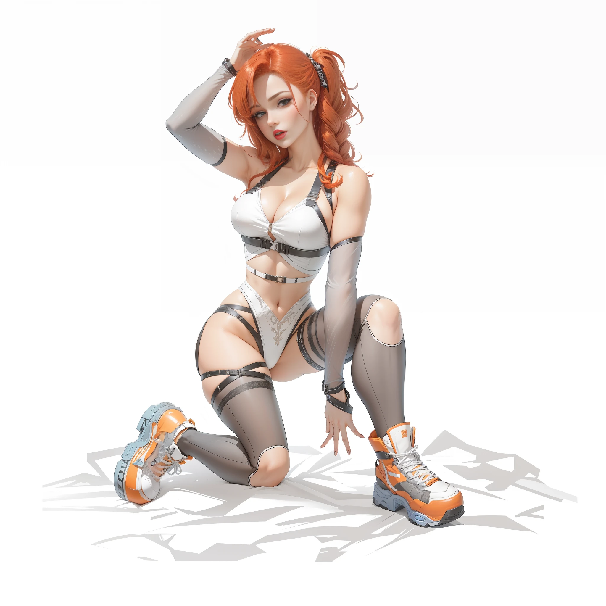 , a sexy girl, dressed revealingly, big breasts, red hair, a braid tied on the right side, red lips, eye shadow, seduction, curvy body, elastic skin, blue eyes, sexy corset, black stockings, orange travel shoes, soft lighting, white background, HD, Disney style, perfect fingers,