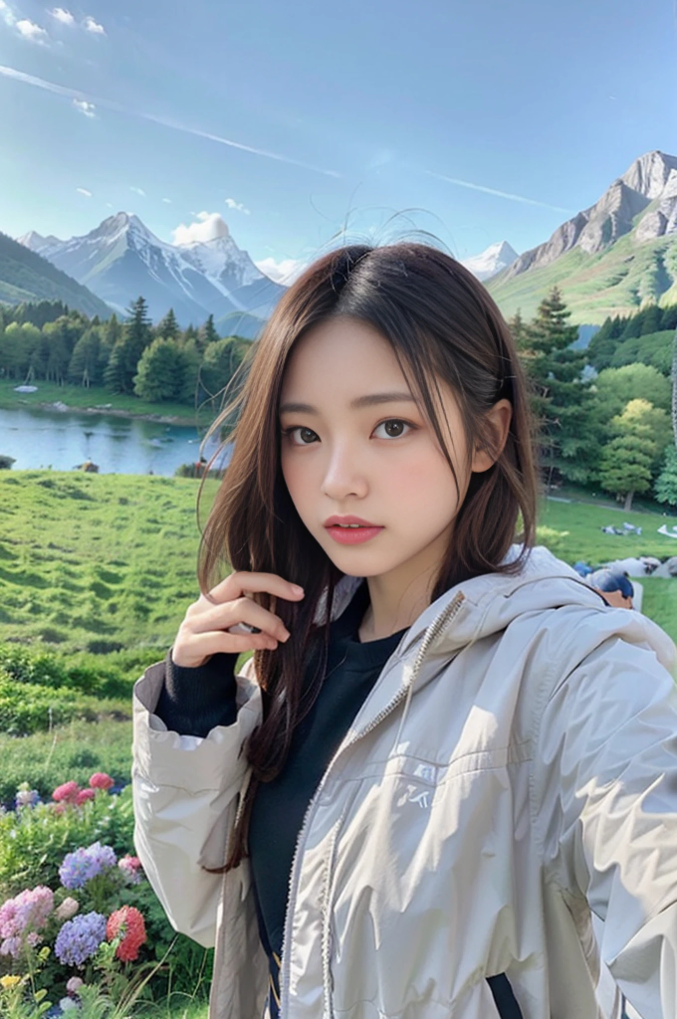 (masterpiece, top quality, 8K wallpaper, high resolution, ultra-realistic), 1girl, solo, full body composition from afar, slender figure: 1.1, detailed eyes, super detailed face, cute face, Japan person, short hair, black eyes, backpack on back, mountain, attractive eyes, detailed lips, detailed hands, detailed feet, detailed nose, detailed fingers, detailed face, gentle expression, oversized, mountain jacket on outerwear, t-shirt, trekking, hiking, trekking boots, outdoor, mouth closed, small breasts, small eyes, natural landscape photo;mountain climbing;spectacular summer mountain scenery with rugged mountain range in the distance, wonderful contrast of blue sky and white clouds; Camera = "Sony a7 IV";Lens="Tamron 28-200mm f/2.8-5.6 Di III RXD";" Aperture = f/6.3";" Shutter speed = 1/1600 sec";" ISO=100";