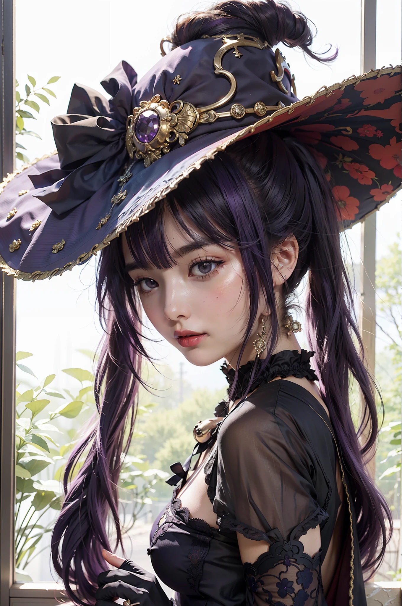 Best quality, masterpiece, big boobs, (large breasts), detailed skin texture, detailed cloth texture, detailed face, super detail, 8k, intricate detail, 1girl, purple hair, pretty lips