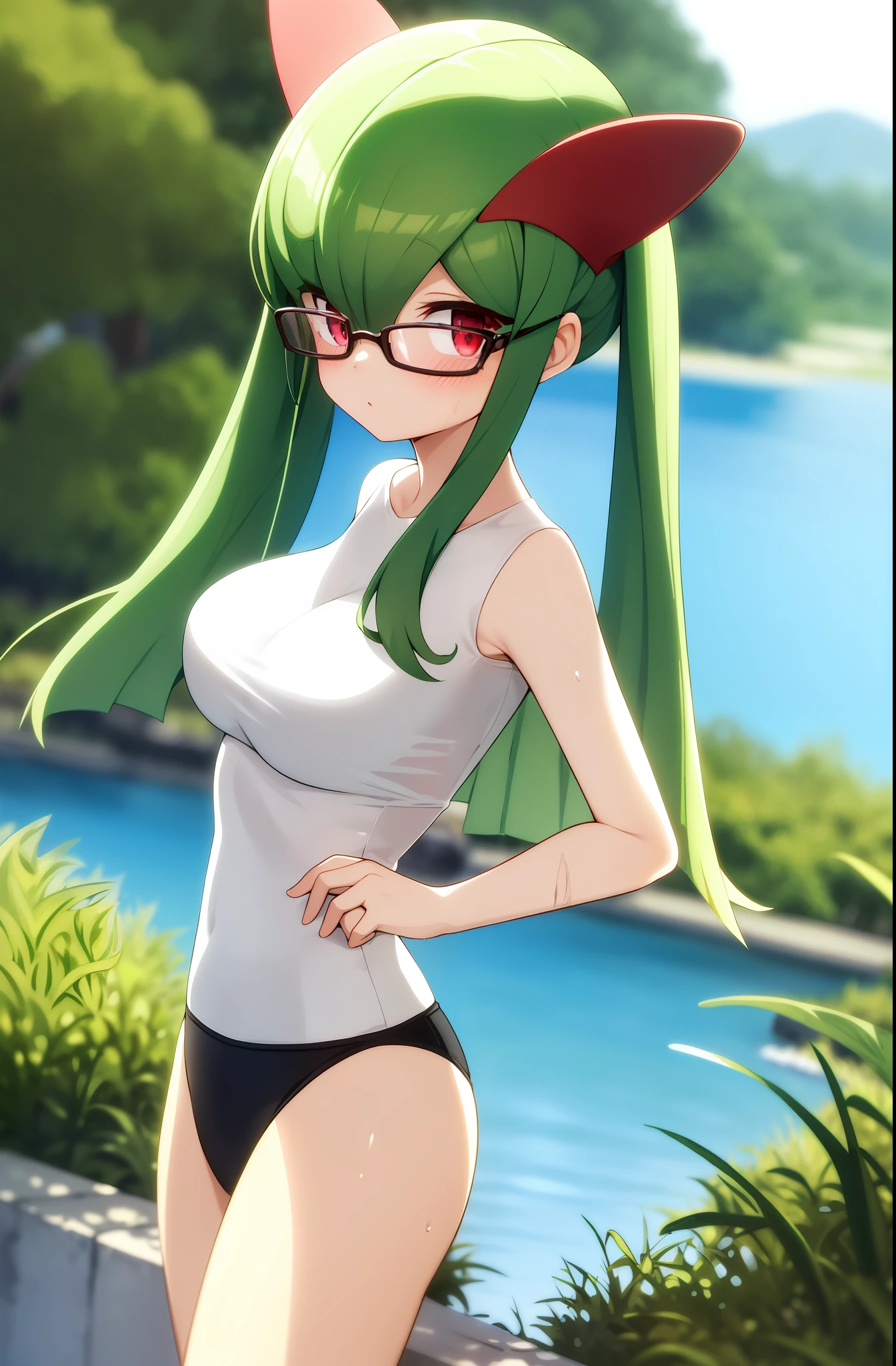 masterpiece, best quality, 1 girl, solo, kirlia, green hair, red eyes, blue two-piece bikini, porcelain skin, on the shore of a lake, tight clothes, blush, wet body, big breasts, soaked clothes, wet hair, wear black frame square glasses.