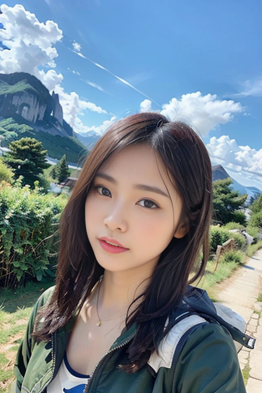 (masterpiece, top quality, 8K wallpaper, high resolution, ultra-realistic), 1girl, solo, full body composition from afar, slender figure: 1.1, detailed eyes, super detailed face, cute face, Japan person, short hair, black eyes, backpack on back, mountain, attractive eyes, detailed lips, detailed hands, detailed feet, detailed nose, detailed fingers, detailed face, gentle expression, oversized, mountain jacket on outerwear, t-shirt, trekking, hiking, trekking boots, outdoor, mouth closed, small breasts, small eyes, natural landscape photo;mountain climbing;spectacular summer mountain scenery with rugged mountain range in the distance, wonderful contrast of blue sky and white clouds; Camera = "Sony a7 IV";Lens="Tamron 28-200mm f/2.8-5.6 Di III RXD";" Aperture = f/6.3";" Shutter speed = 1/1600 sec";" ISO=100";