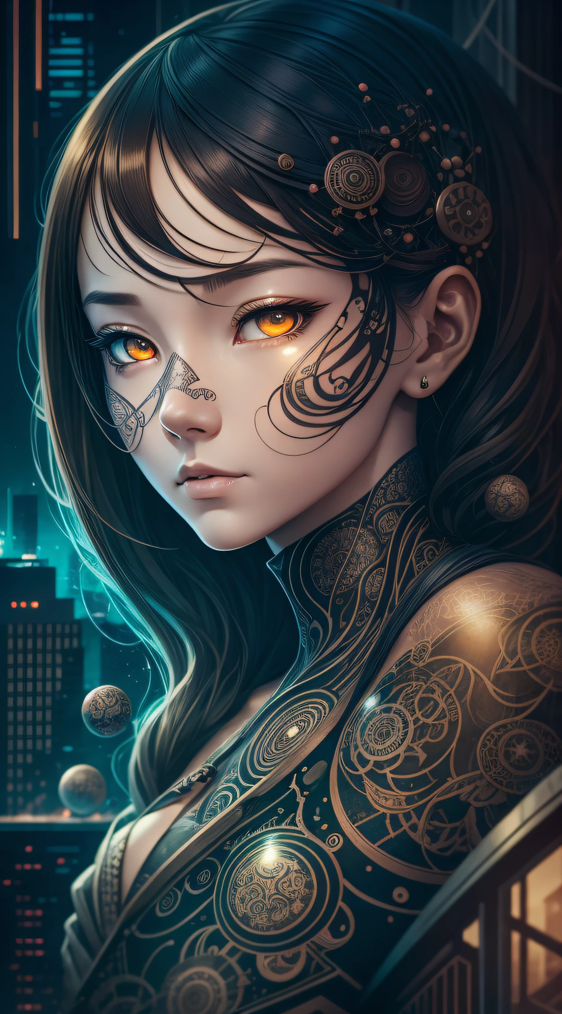 A beautiful charming little cyberpunk girl, hyper detailed image, sitting on the roof of the building, in cyberpunk city, illuminated advertising billboards, dark smoke carving, dressed as a big clothes, circular colored smoke, waves of shadows in the night, colors smooth, 4d flat street art in the style of adrian ghenie, esao andrews, jenny saville , edward hopper, surrealism, james jean dark, takato yamamoto, inkpunk minimalism, detailed symmetrical brown eyes with circular iris, harmony geometric seamless pattern, luminogram, iron gall ink, art by Russ Mills, Sakimichan, by GIlSam -paio octane rendering depicting innovation and truth, 8k, by Lee Jeffries, depth - Gs studio --auto --s2