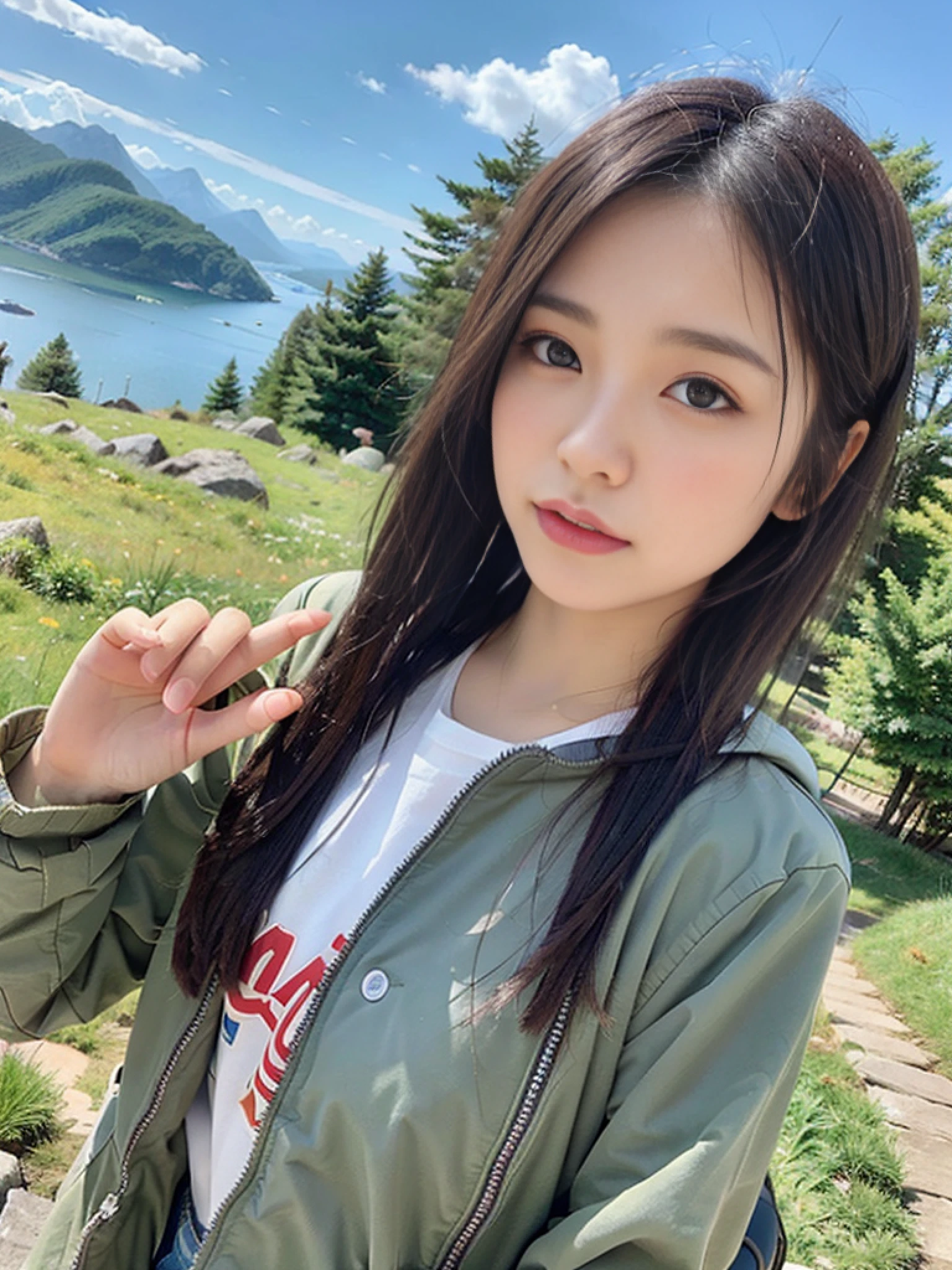 (masterpiece, top quality, 8K wallpaper, high resolution, ultra-realistic), 1girl, solo, full body composition from afar, slender figure: 1.1, detailed eyes, super detailed face, cute face, Japan person, short hair, black eyes, backpack on back, mountain, attractive eyes, detailed lips, detailed hands, detailed feet, detailed nose, detailed fingers, detailed face, gentle expression, oversized, mountain jacket on outerwear, t-shirt, trekking, hiking, trekking boots, outdoor, mouth closed, small breasts, small eyes, natural landscape photo;mountain climbing;spectacular summer mountain scenery with rugged mountain range in the distance, wonderful contrast of blue sky and white clouds; Camera = "Sony a7 IV";Lens="Tamron 28-200mm f/2.8-5.6 Di III RXD";" Aperture = f/6.3";" Shutter speed = 1/1600 sec";" ISO=100";