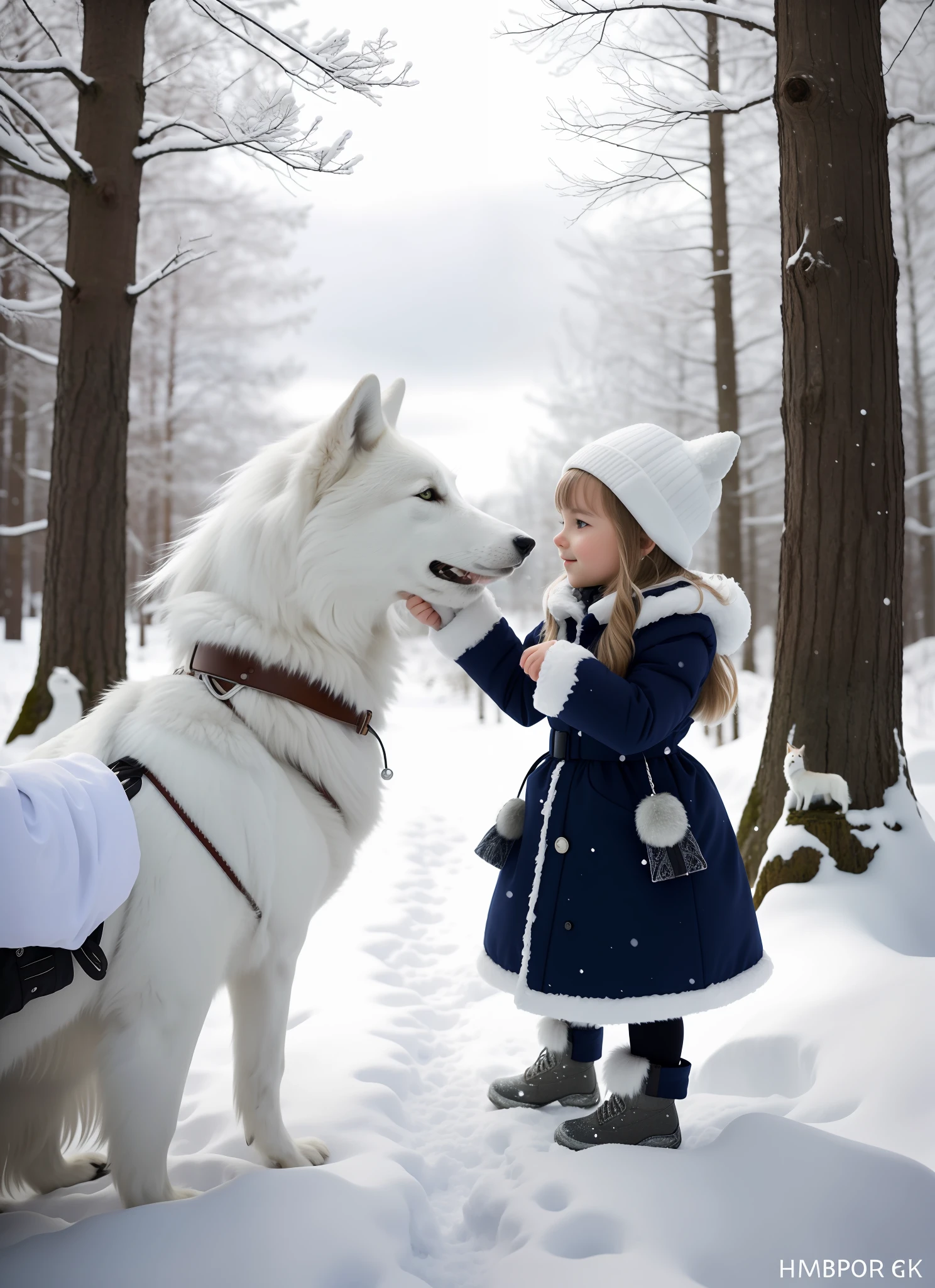 High Quality Portrait, Scandinavia In the Woods Girl and White Wolf Girl and White Wolf Winter Snow, Smooth-Haired Wolf, Photorealistic, Realistic, 8k, Masterpiece,