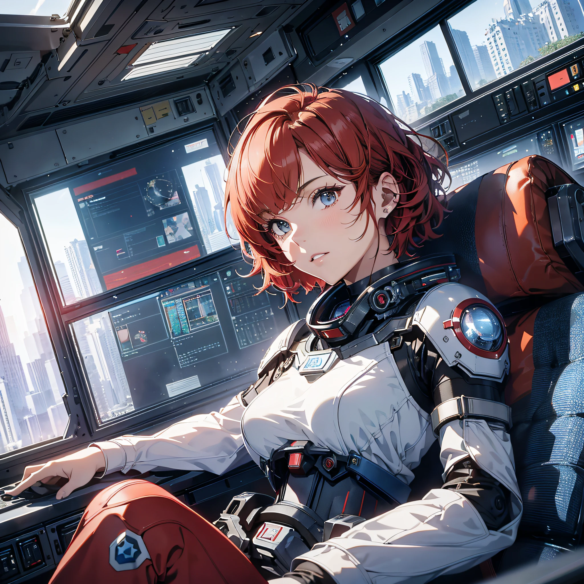 Absurd resolution, high resolution, (masterpiece: 1.4), hyper-detail, 1 young woman, short red hair, pilot suit, rich princess, sitting in an extremely narrow and closed mecha control room looking out the window, the window is the space universe can see the blue planet (1.5), the expression is excited, the mecha control room is in the universe