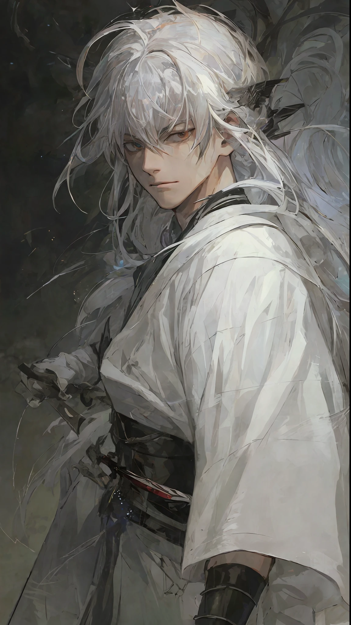 A close-up of a mysterious Guvitz style white-haired character using a sword, white-haired god, white long hair, white hair long and Guviz, artwork effect, Yang J drawn, extremely aesthetic depiction, Guvitz style demon killer, sharp sword, perfectly presented on Pixif's art station, integrated into the atmosphere of anime.
