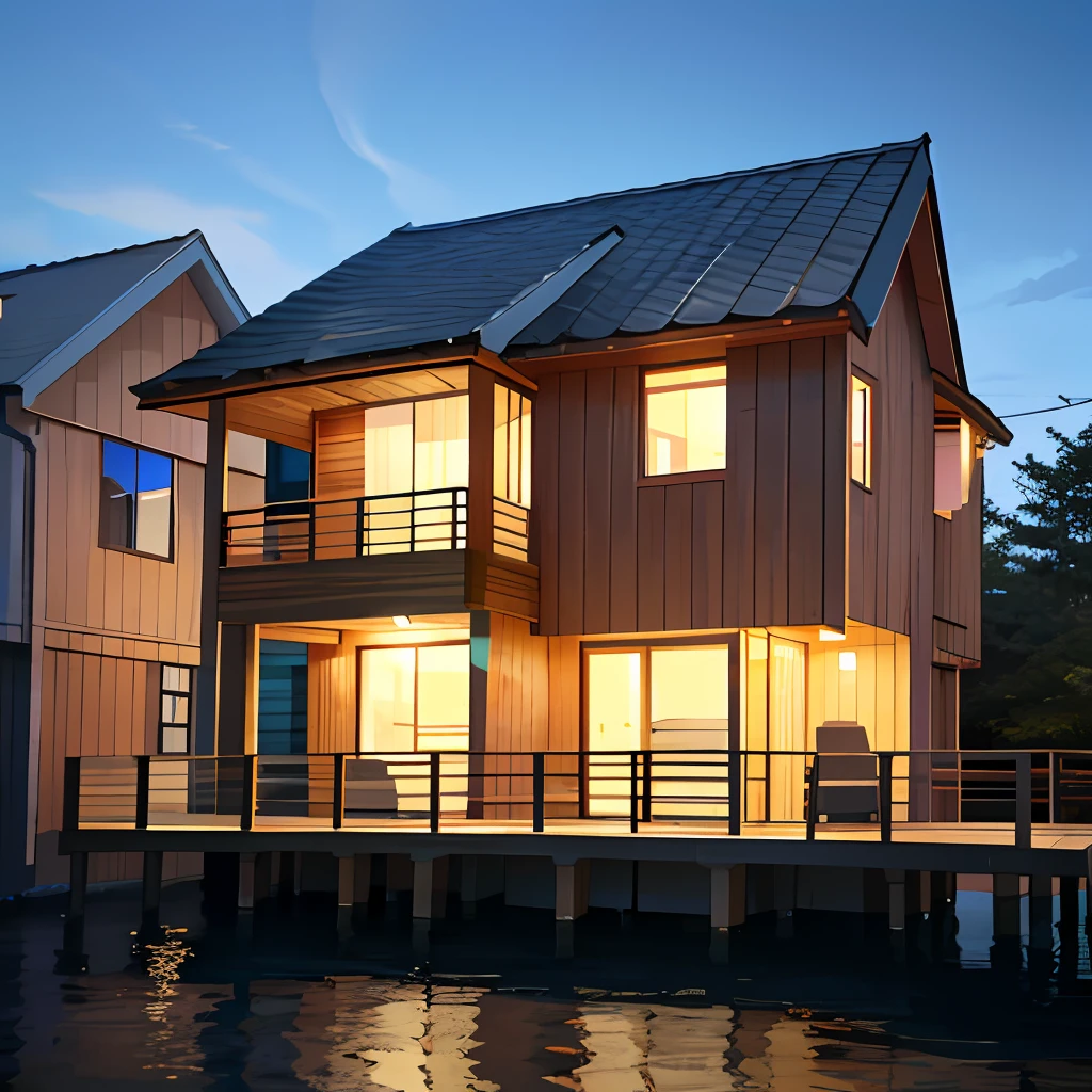 Seaside wooden house, two-storey structure with woods in the background, modern style with large glass windows