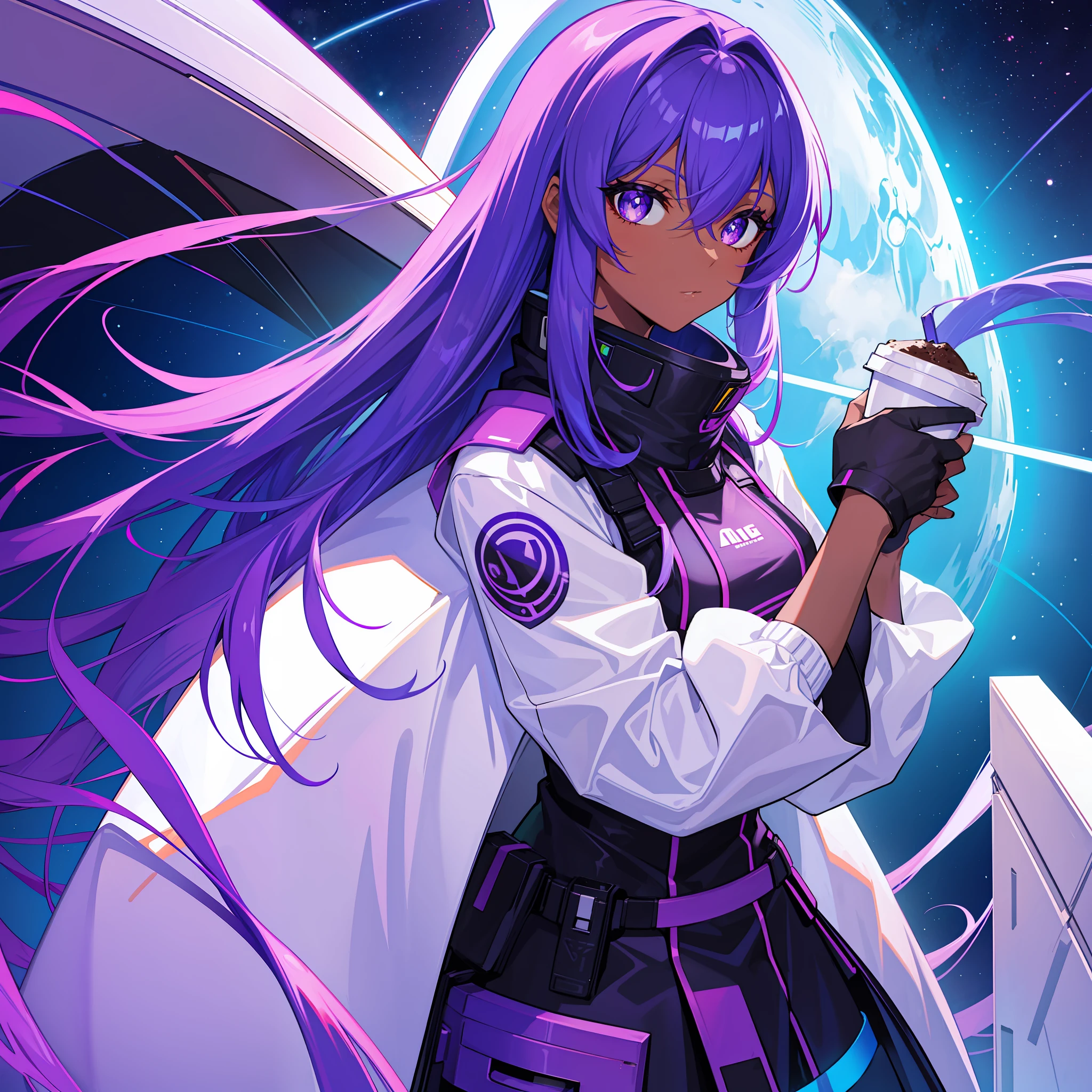 futuristic girl drinking coffee, dark skin, purple colored eyes, space, purple hair, blue hair, pink hair, long hair, dark skin