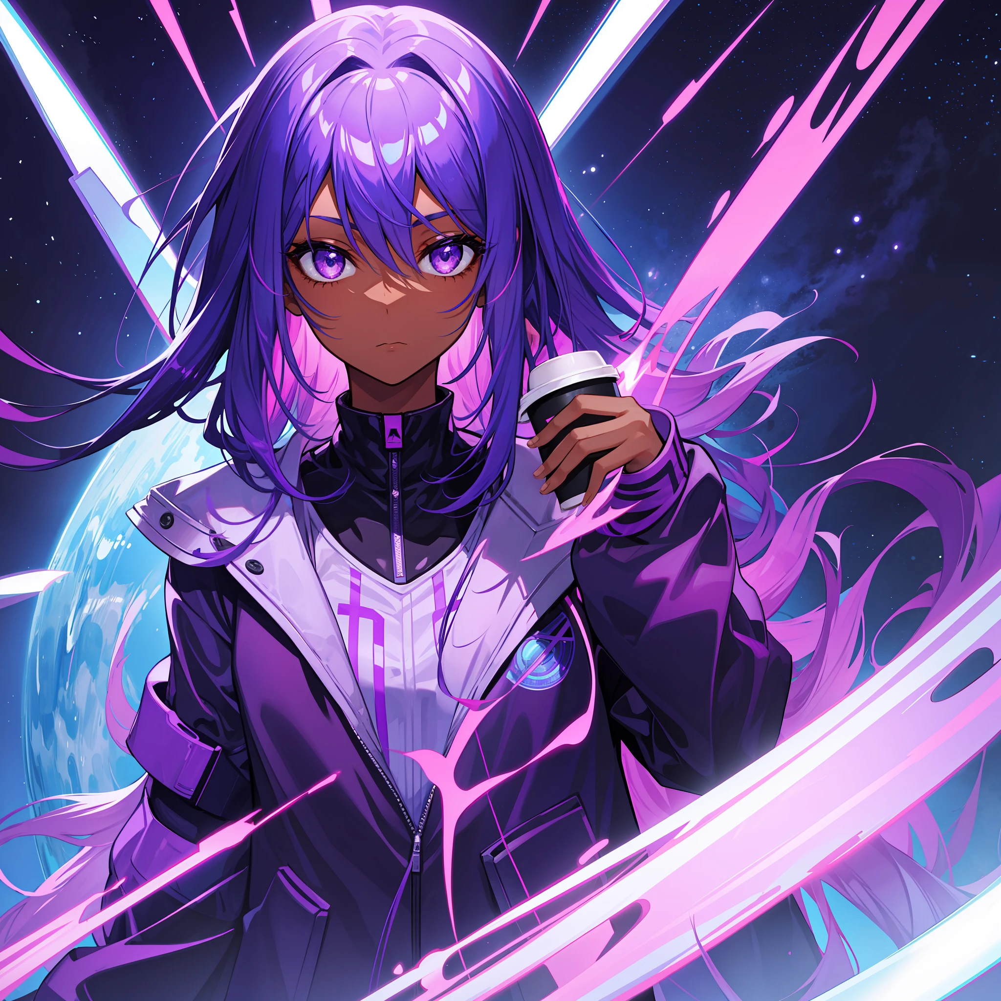 futuristic girl drinking coffee, dark skin, purple colored eyes, space, purple hair, blue hair, pink hair, long hair, dark skin
