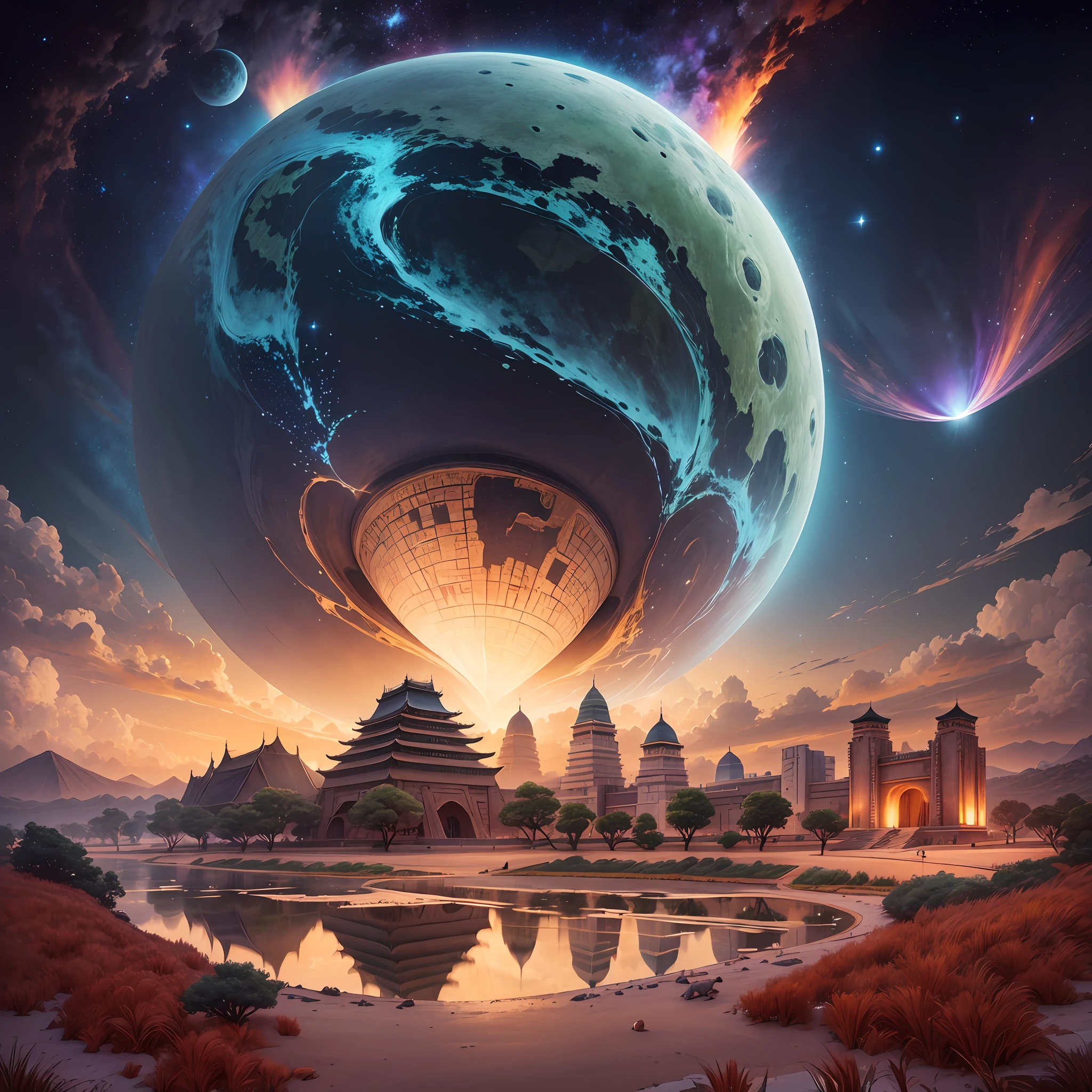 Top Quality, Masterpiece, Ultra High Definition, Realistic, Night Sky, Pyramids, Terracotta Warriors, Uluru, Himeji Castle, Frigate, Factory, Big City, Rocket --auto --s2