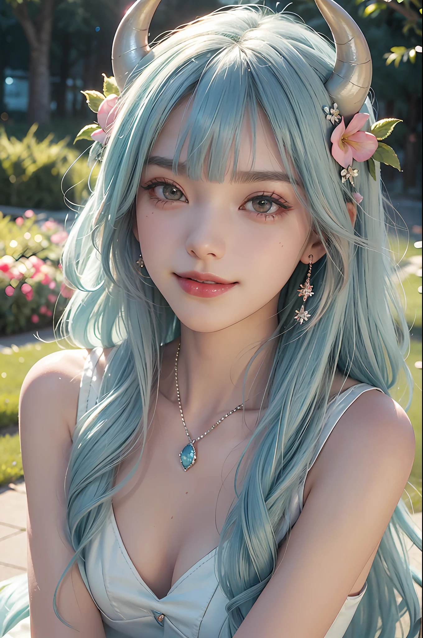 (Fluorescent color: 1.4), (Translucent: 1.4), (Vintage filter: 1.4), (Fantasy: 1.4), Candy World Disneyland Ethereal Soft Fluffy Soft Landscape Forest Snowflake Pale Pink Sky Green Blue Hair, ((Coiled Hair)), Light Blue, Sparkling Ethereal Light Soft Whimsical Light Diamond Sparkle Gemstone Background Ultra Realistic Ultra-high quality cinematic lighting Huge details Full HD painting Well lit, diagonal bangs,
Collared dress, sides
Masterpiece, Best Quality, Real Skin, (Portrait: 1.5), 1 Girl, Blunt Bangs, Long Hair, Sea of Flowers, Smell Flowers, Wear Flowers on Head, ((Smiling)), (Red Lipstick), Blush, (Blush), ((Shy)), Eyelashes, Eyeliner, Makeup, Short Hair, ((Devil Horn))