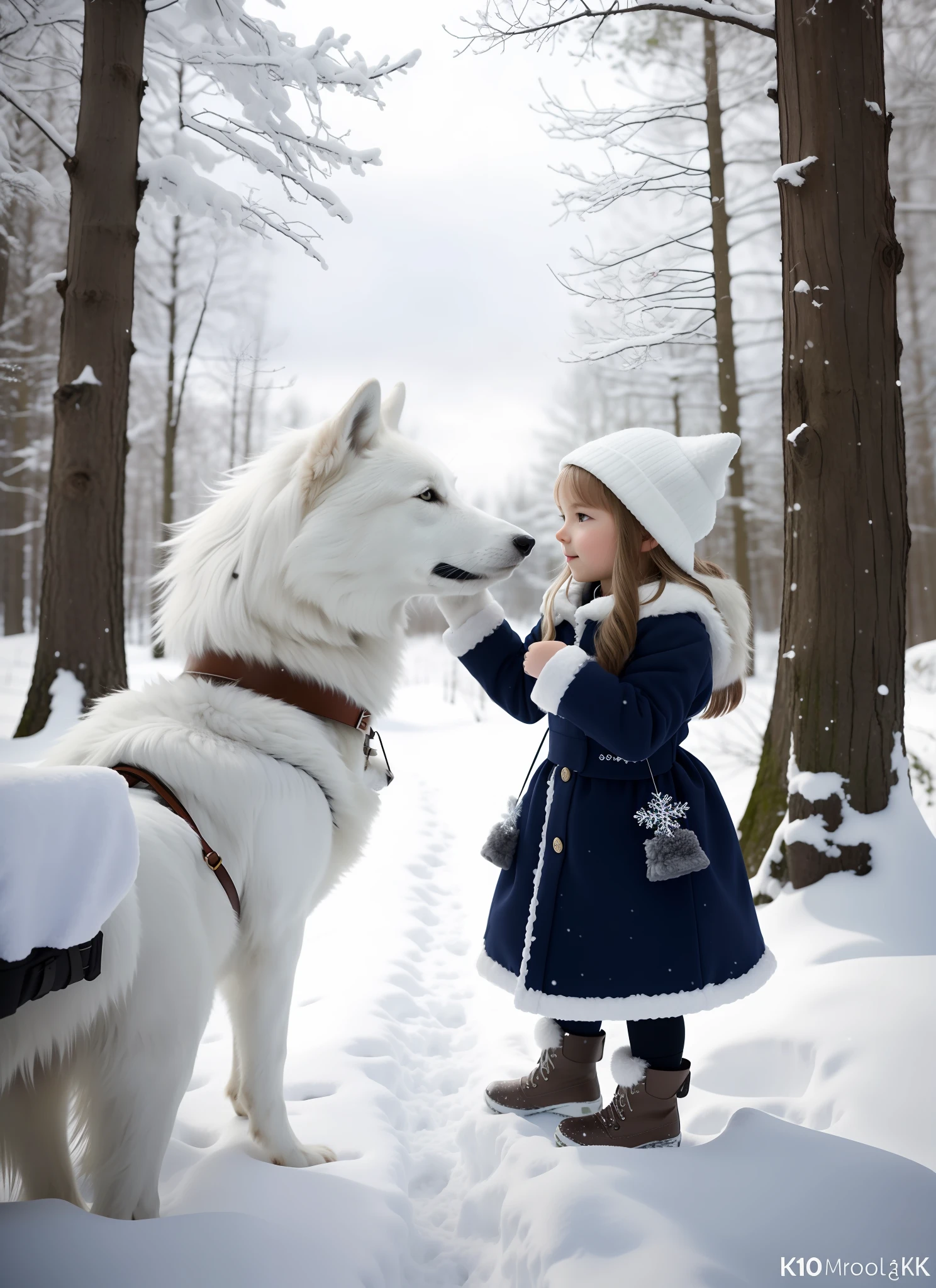 High Quality Portrait, Scandinavia In the Woods  Girl and White Wolf Girl and White Wolf Winter Snow, Smooth-Haired Wolf, Photorealistic, Realistic, 8k, Masterpiece,