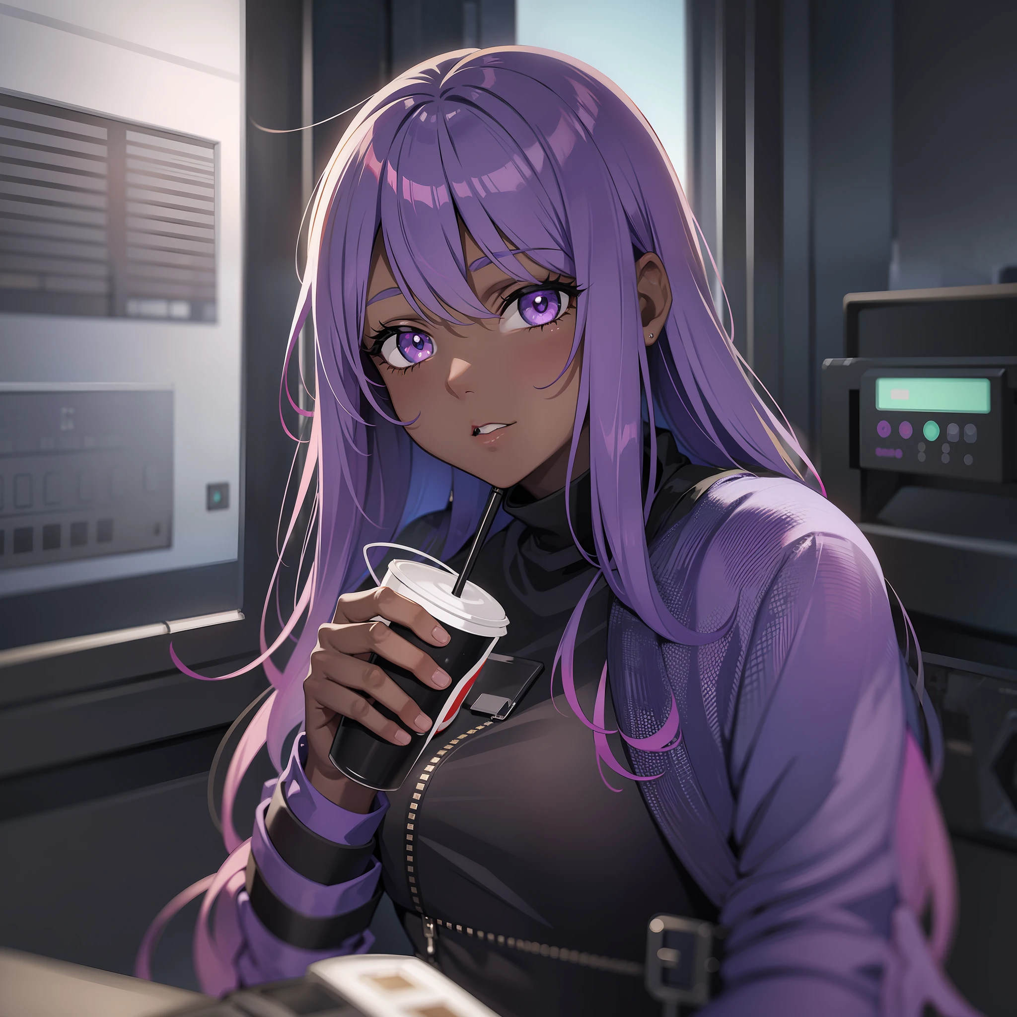 futuristic girl drinking coffee, dark skin, purple colored eyes, space, purple hair, blue hair, pink hair, long hair, dark skin