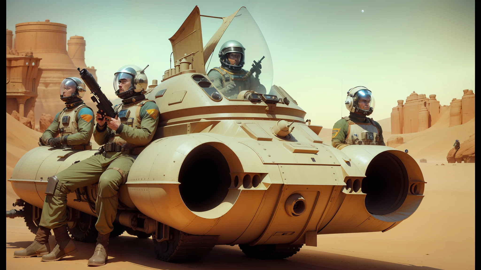 there are three men in space suits riding on a vehicle, film still from movie dune-2021, cinemascope panorama, larry macdougall, tank has a large solid cannon, neo - gypsy caravan, crt, futuristic taxi, early cgi, set photograph in costume, by Jane Freeman