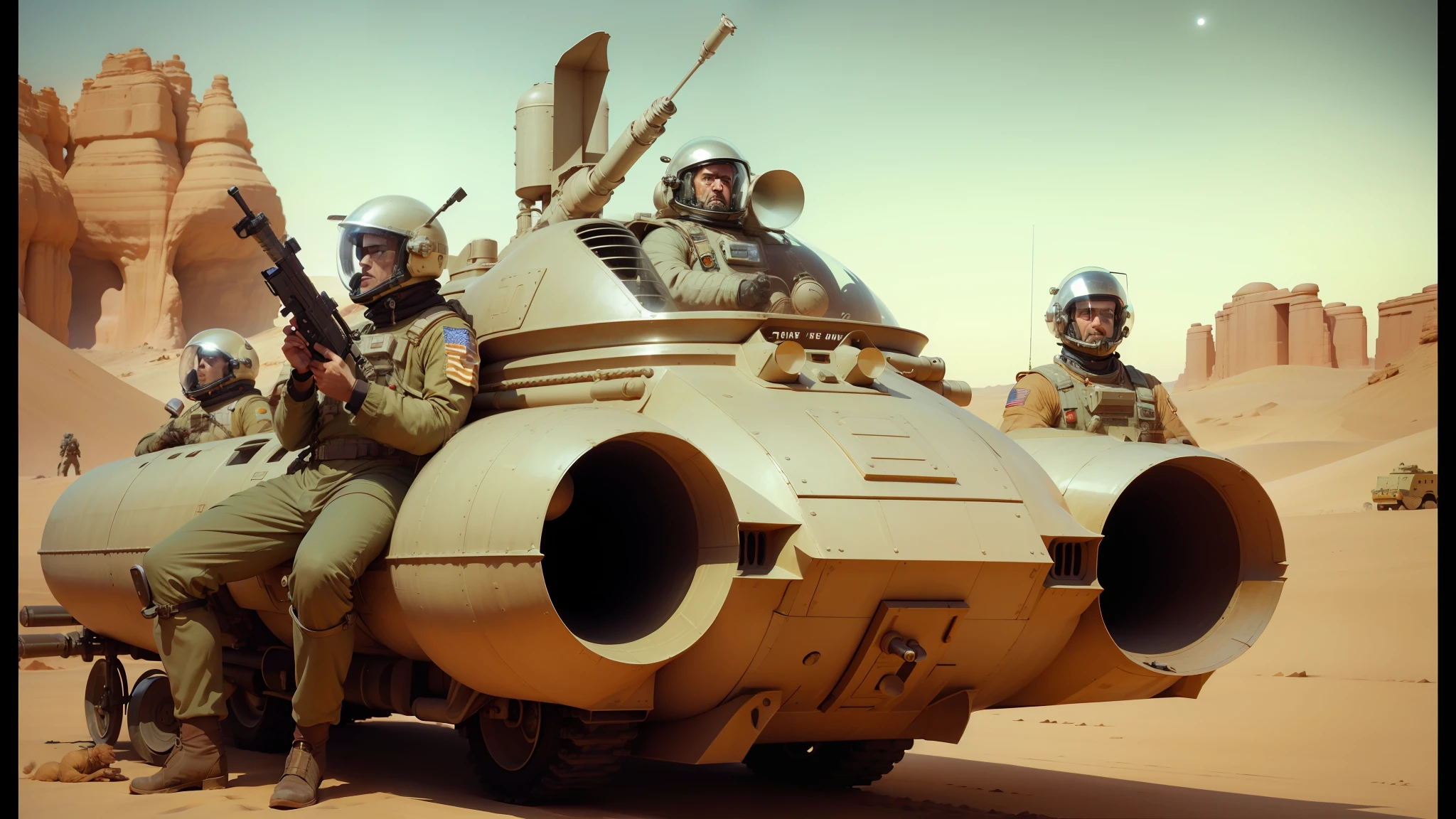 there are three men in space suits riding on a vehicle, film still from movie dune-2021, cinemascope panorama, larry macdougall, tank has a large solid cannon, neo - gypsy caravan, crt, futuristic taxi, early cgi, set photograph in costume, by Jane Freeman