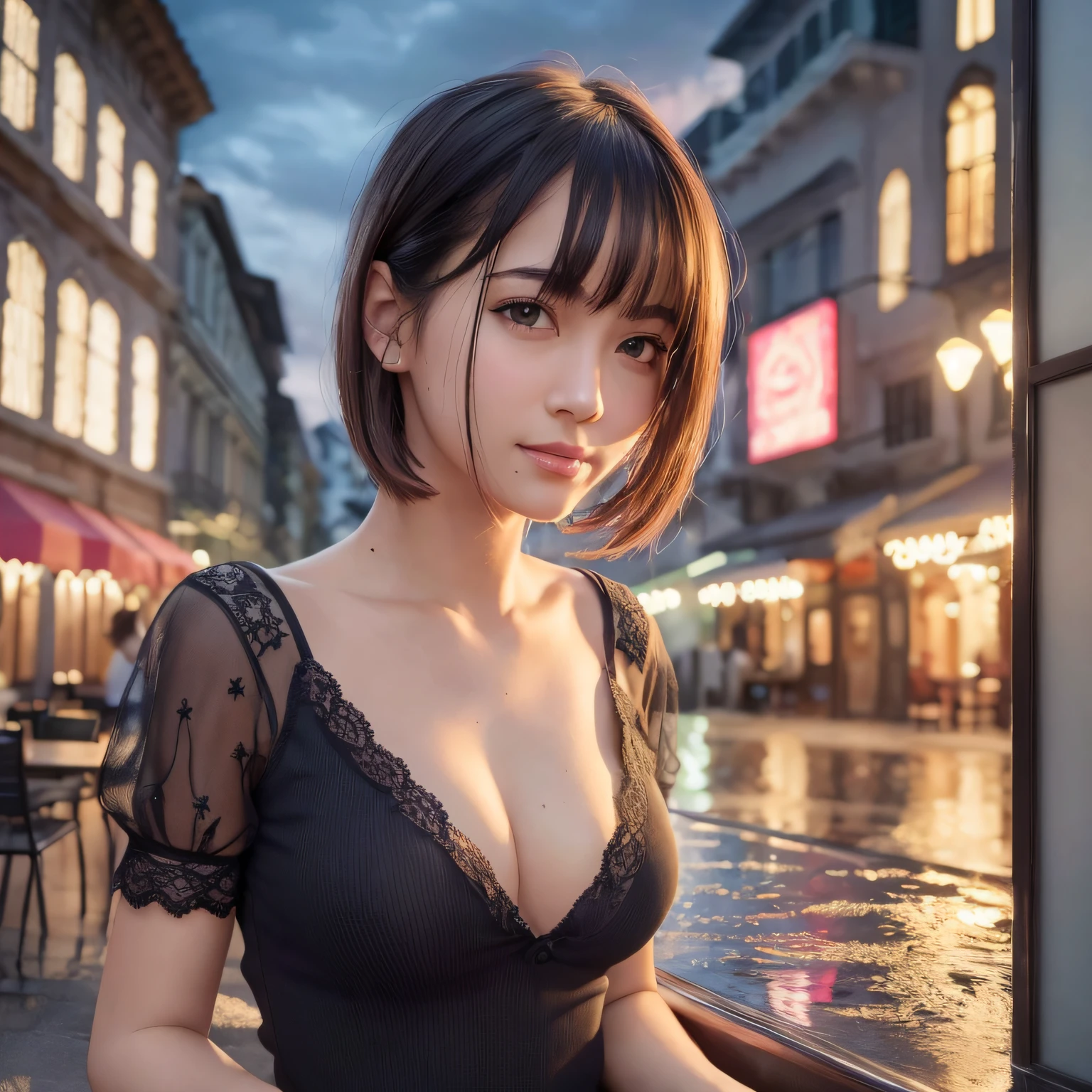 (8k, best quality, masterpiece:1.2), (realistic, photo-realistic:1.37), ultra-detailed, 1 girl, cute, solo, beautiful detailed sky, detailed cafe, night, sitting, dating, (nose blush), (smile:1.15), (closed mouth) small breasts, beautiful detailed eyes, (collared shirt:1.1), night, wet, business attire, rain, white lace, (short hair:1.2), floating hair NovaFrogStyle, topless, --auto --s2