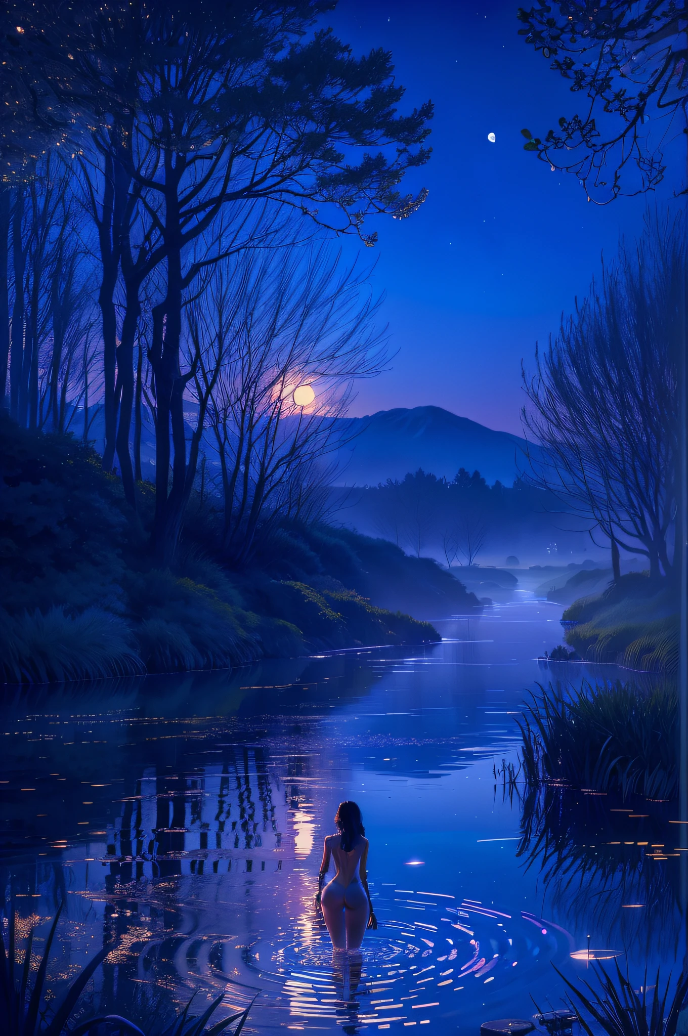 girl night back nude bathing moonlight reflection