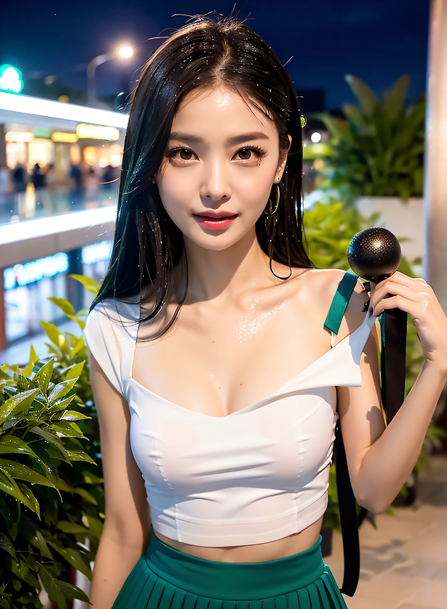 (Bare breast: 0.2) Top Quality, Ultra High Resolution, (Photorealistic: 1.4), (Green Long Hair: 1.3), (Azure Lane\), 1 Girl, (Kpop Idol), NSFW, Slender Body, Beholder, Cute, Fine Face, Contrapposto, Smooth Skin, Anatomy, White Camisole, Pure Black Pleated Skirt, Cityscape, Night, Wet Rain, Professional Lighting, Shopping mall rooftop café, outdoor, toothless