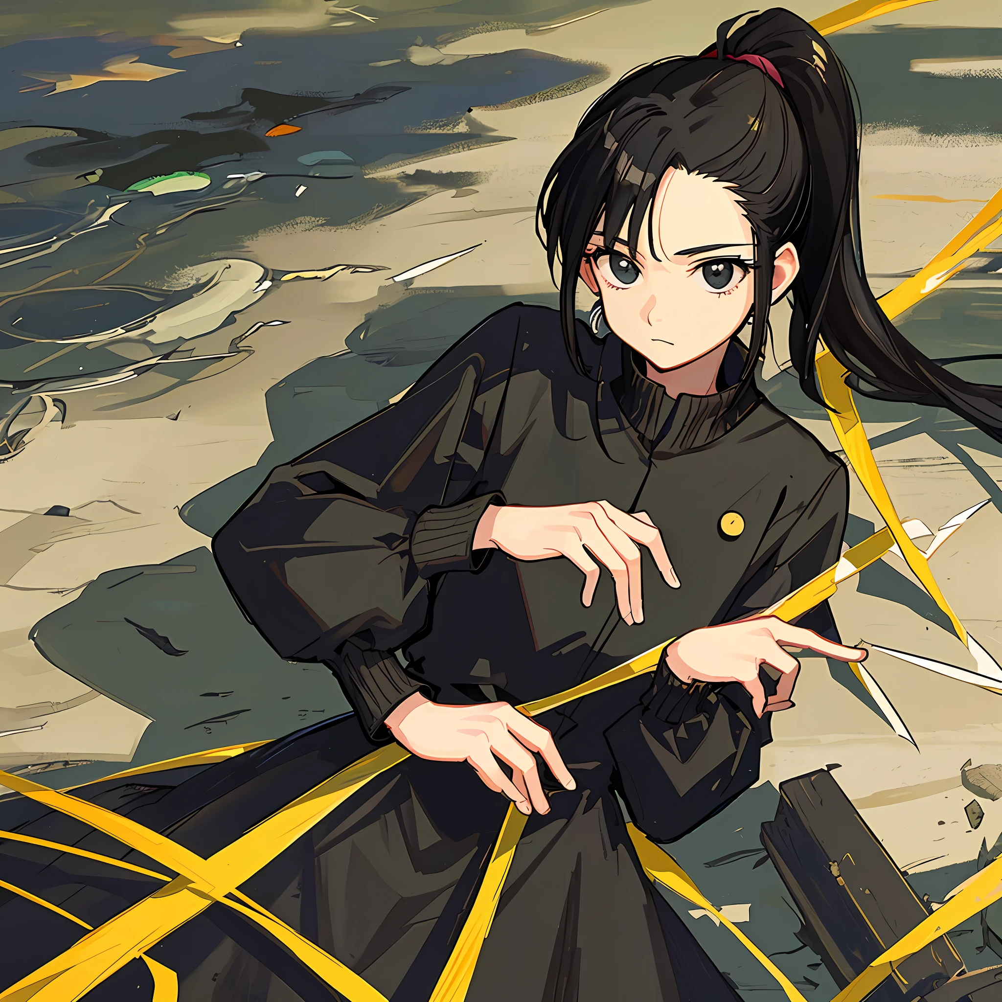 (Masterpiece), (Best Quality), (Super Detail),(Illustration), 1 Woman, Black Hair, Ponytail Hair, Black Clothing, by Yoshihiro Togashi, Manipulating Shadows.