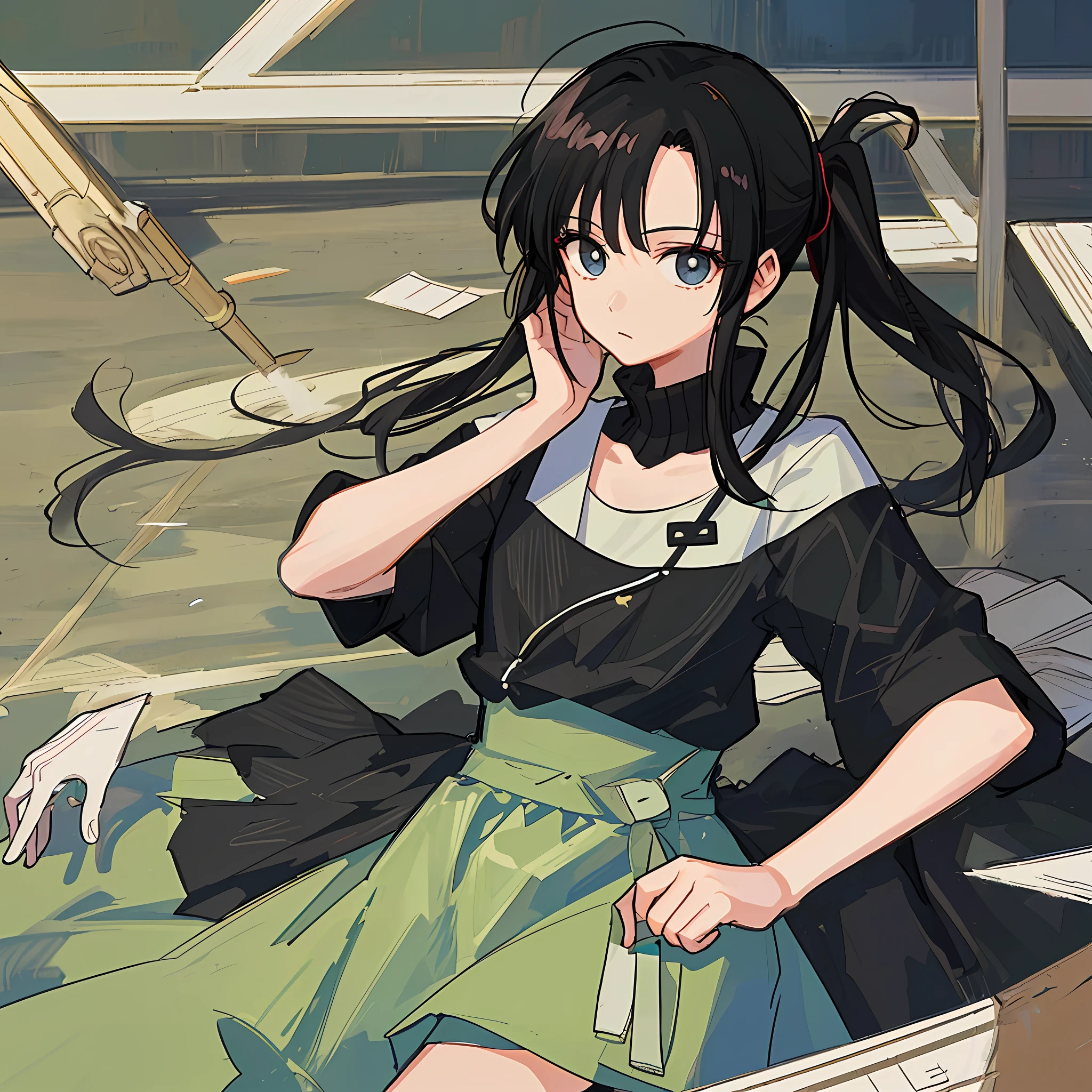 (Masterpiece), (Best Quality), (Super Detail),(Illustration), 1 Woman, Black Hair, Ponytail Hair, Black Clothing, by Yoshihiro Togashi, Manipulating Shadows.