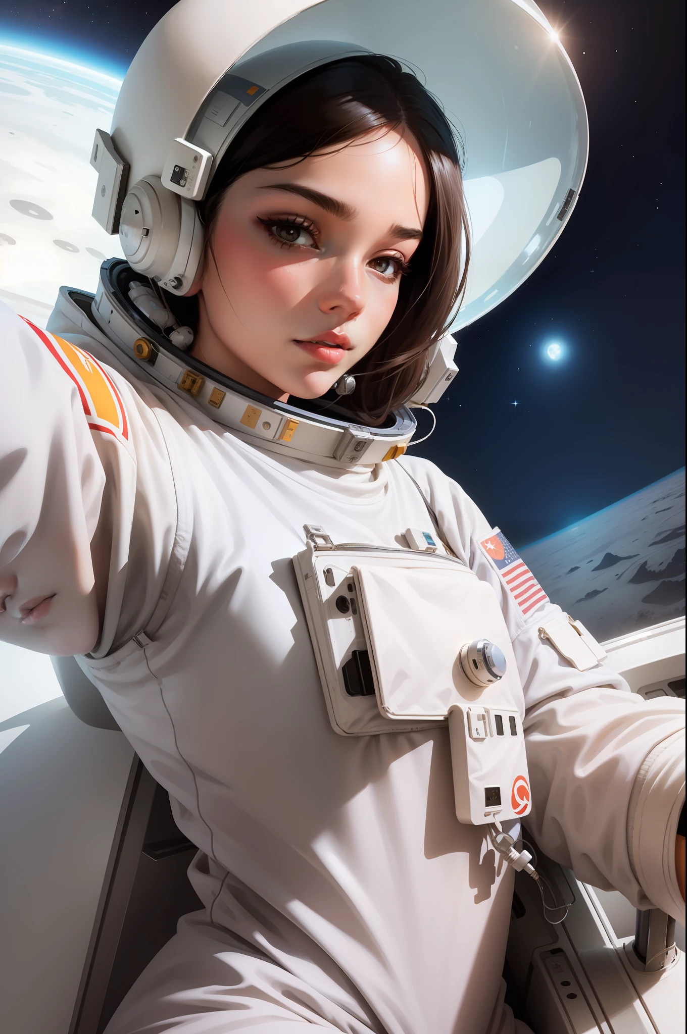 illustration of a beautiful female astronaut, selfie on the moon, in the style of jillian tamaki and georgy kurasov