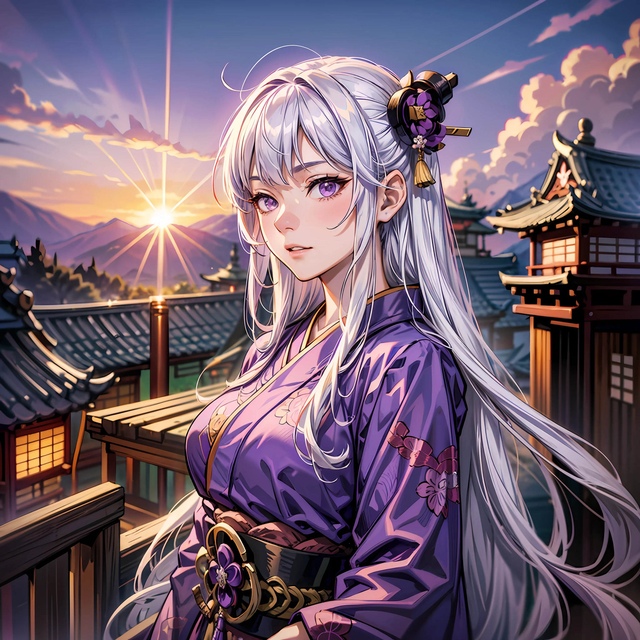samurai young woman - adult, purple kimono, long white hair, straight hair, happy and adult face, rich, arrogant, badass, purple eyes, katana, monastery scenery, sunset, light --rpg style --fantasy medieval style ultra hd, 8k, masterpiece --s2