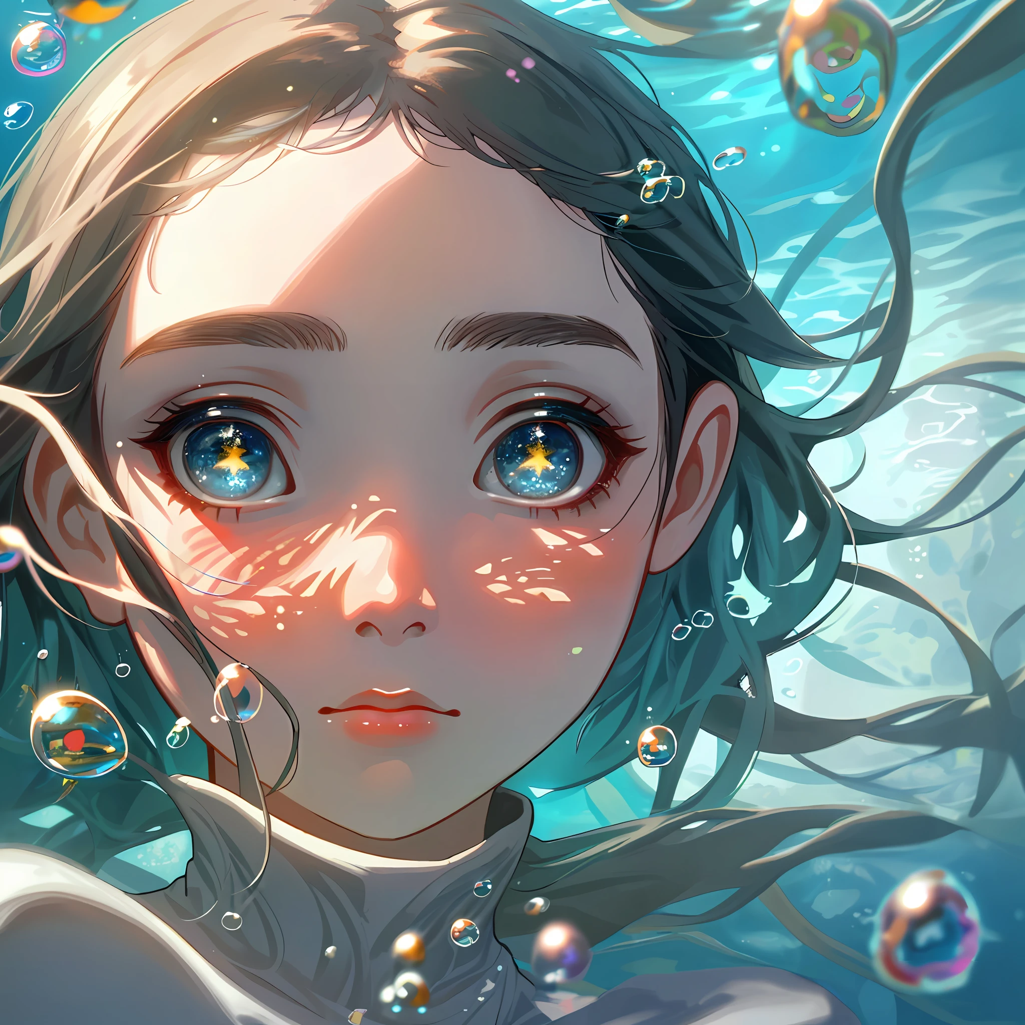 Best quality, masterpiece, high resolution, 1girl, beautiful face, underwater flooded nose, exposed eyes, painted five-pointed starry eyes, face close-up, underwater bubbles