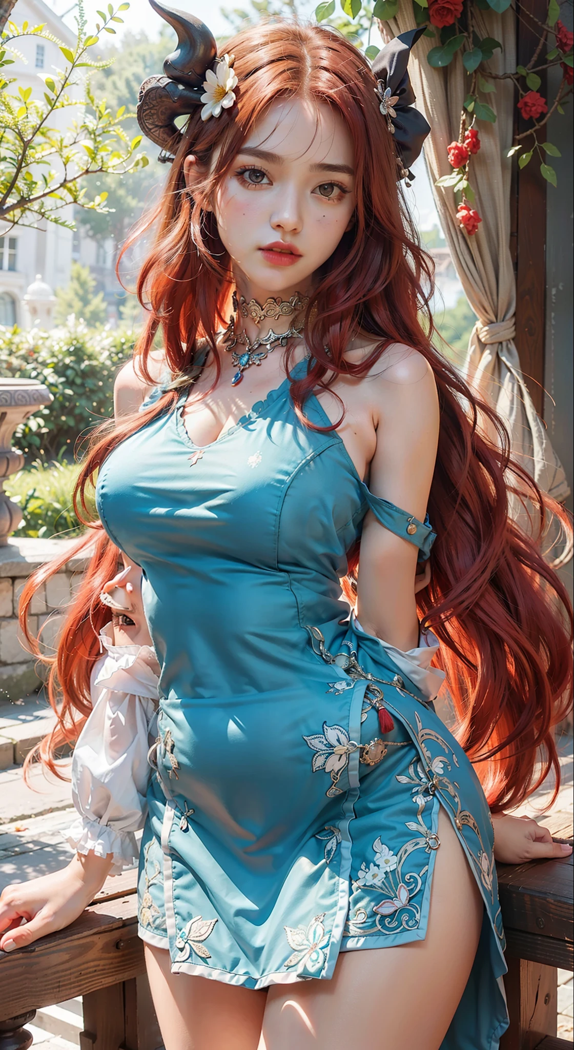 Best quality, masterpiece, big boobs, (large breasts), detailed skin texture, detailed cloth texture, detailed face, super detail, 8k, intricate detail, 1girl, intense bright red hair, pretty lips