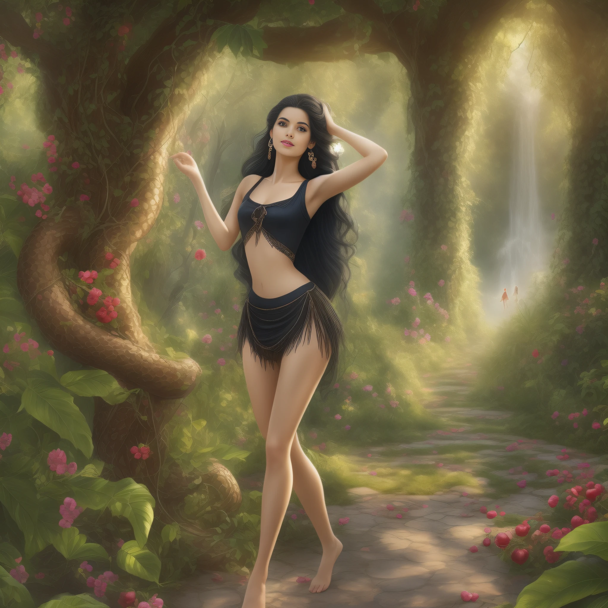 Full body, EVA Rapunzel girl with graceful figure with black hair in the Garden of Eden, girl's body sexy, legs long and graceful, graceful ankles, in the background tree of life on which serpent tempts and red apple of life knowledge, serpent tempts girl, photorealism, super detailed, site 500px, contrast lighting, outline around girl, fill light is soft, 32k
