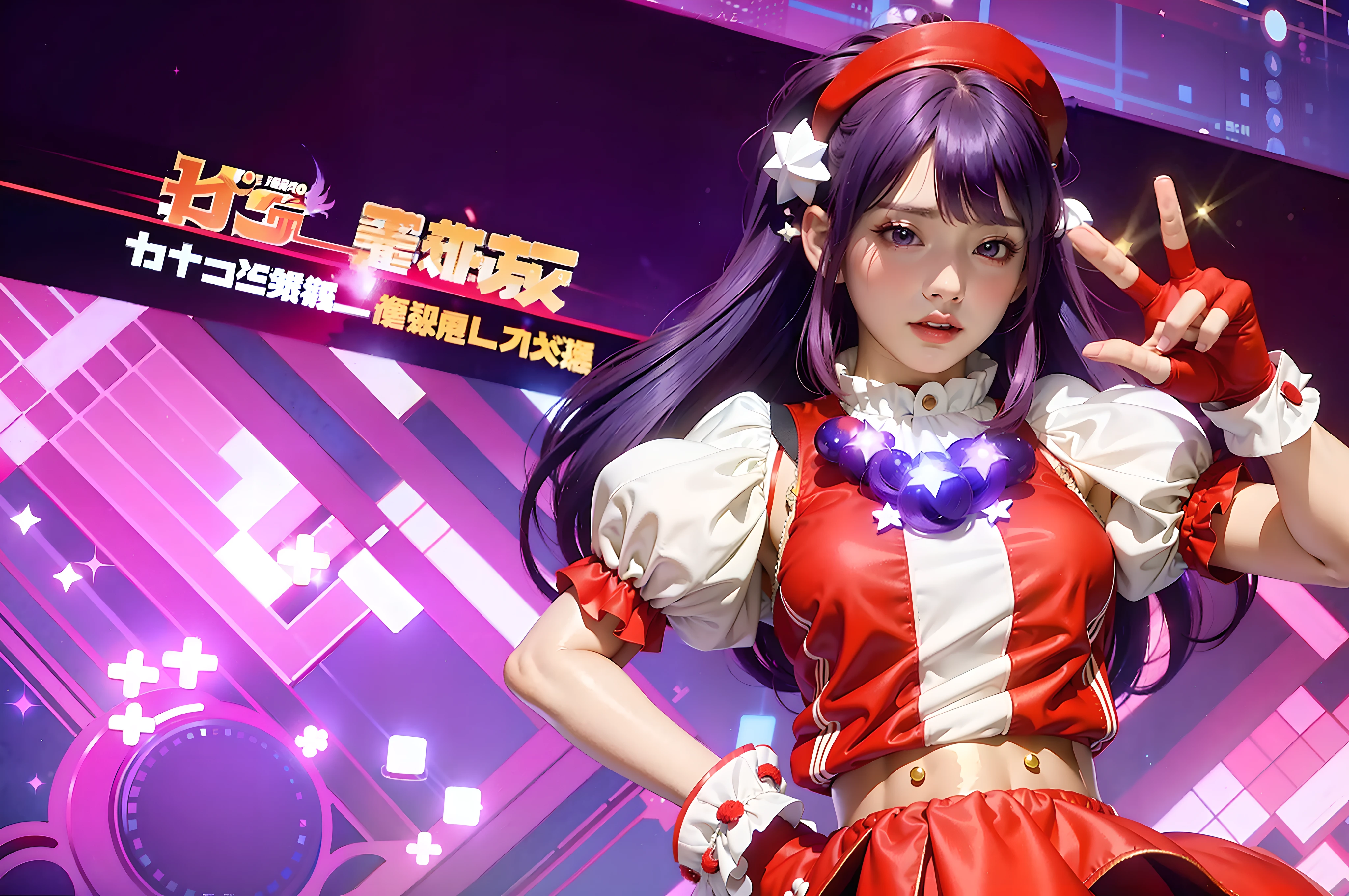 Anime Wearing red and white dress with puff sleeves, purple hair, red hairpin with stars, characters from The King of Fighters, Athena Asamiya , official artwork, King of Fighters style, realistic style, cinematography, 8K RAW, movie lighting effects, seductive anime girls, beautiful and seductive anime women, cosplay pictures, anime cosplay,