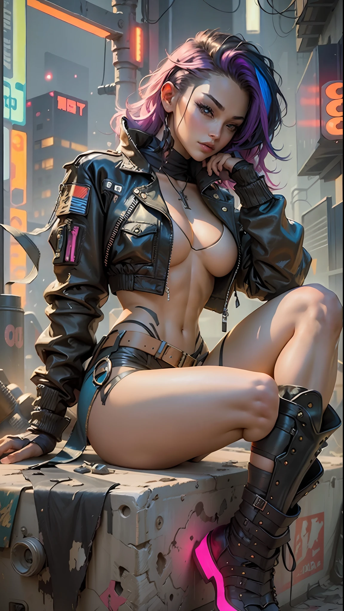 Beautiful woman colored hair, sitting cross-legged sexy black golden thong, high combat military neon boots, muscular, long breasts cyberpunk style realistic detailed