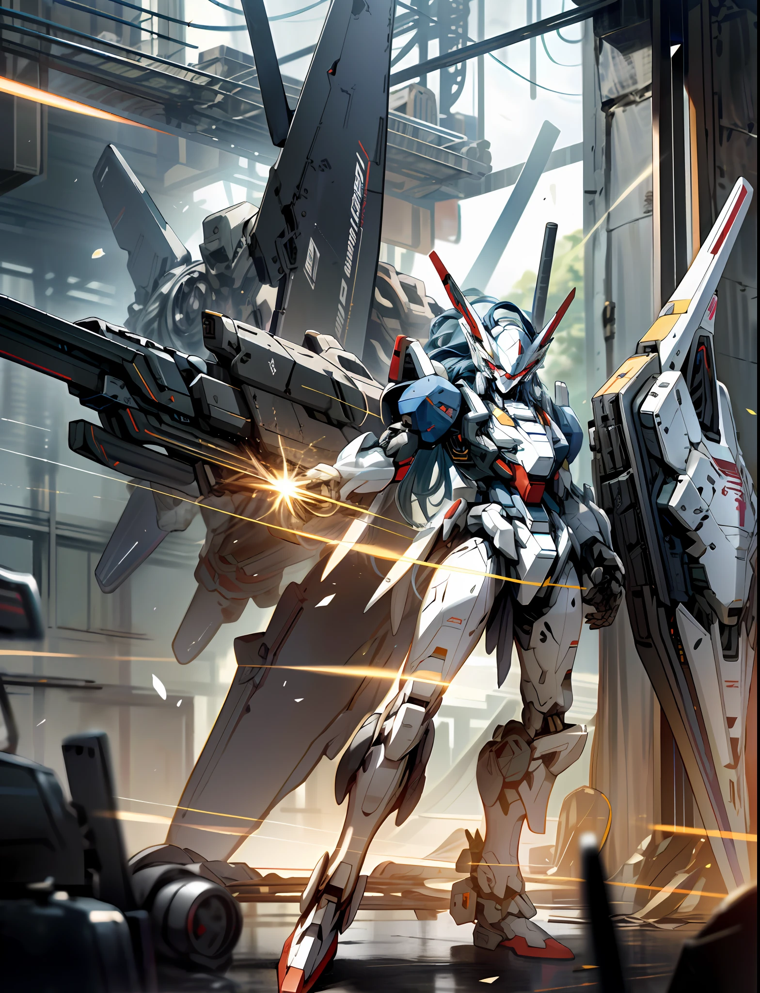 Surrealism, ray tracing, UHD, high details, 8k, best quality, textured skin, black Gundam mech, masterpiece, best quality, black mech, unmanned, (full body), (black mech: 1.5), (axisymmetry: 1.4), (HDR), (movie light: 1.1), black eyes, cool, science fiction, fire, laser cannon beam, war, conflict, The destroyed city background is armed with a weapon, (holding a huge weapon: 1.5), holding an oversized shield