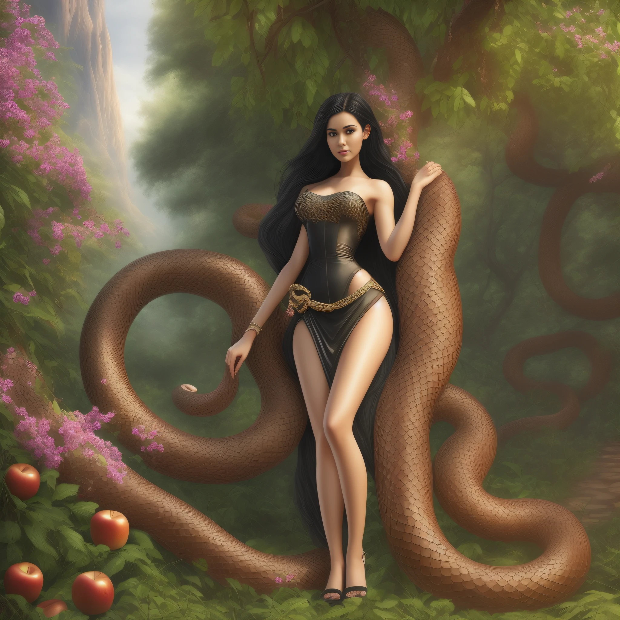 Full body, EVA Rapunzel girl with graceful figure with black hair in the Garden of Eden, girl's body sexy, legs long and graceful, graceful ankles, in the background tree of life on which serpent tempts and red apple of life knowledge, serpent tempts girl, photorealism, super detailed, site 500px, contrast lighting, outline around girl, fill light is soft, 32k