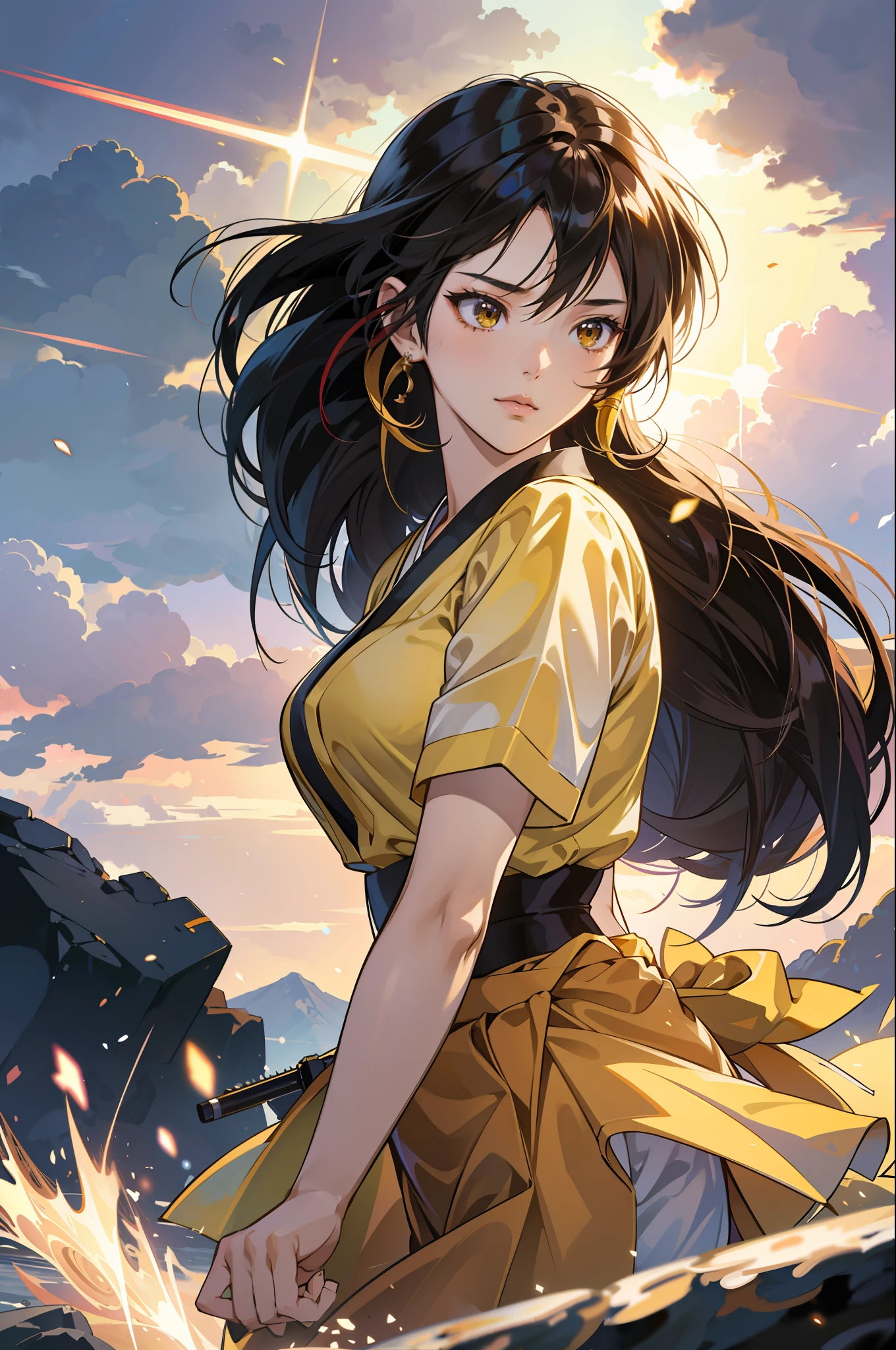 Anime girl with a yellow Japanese shirt, brown skirt posing for a battle, 4K Anime Style, Extremely detailed Artgerm, Guweiz style art, digital anime illustration, Ross Tran 8K