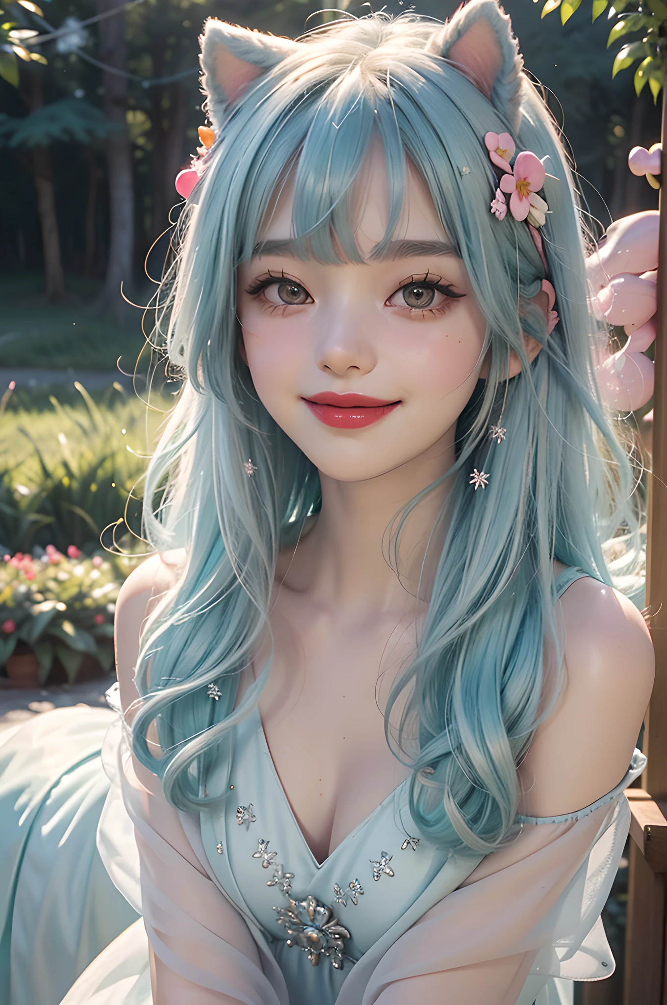 (Fluorescent color: 1.4), (Translucent: 1.4), (Vintage filter: 1.4), (Fantasy: 1.4), Candy World Disneyland Ethereal Soft Fluffy Soft Landscape Forest Snowflake Pale Pink Sky Green Blue Hair, ((Coiled Hair)), Light Blue, Sparkling Ethereal Light Soft Whimsical Light Diamond Sparkle Gemstone Background Ultra Realistic Ultra-high quality cinematic lighting Huge details Full HD painting Well lit, diagonal bangs,
Collared dress, sides
Masterpiece, Best Quality, Real Skin, (Portrait: 1.5), 1 Girl, Blunt Bangs, Long Hair, Sea of Flowers, Smell Flowers, Wear Flowers on Head, (((Smiling)), (Red Lipstick), (Blush), ((Shy)), Eyelashes, Eyeliner, Makeup, Short Hair, ((Dog Ears))