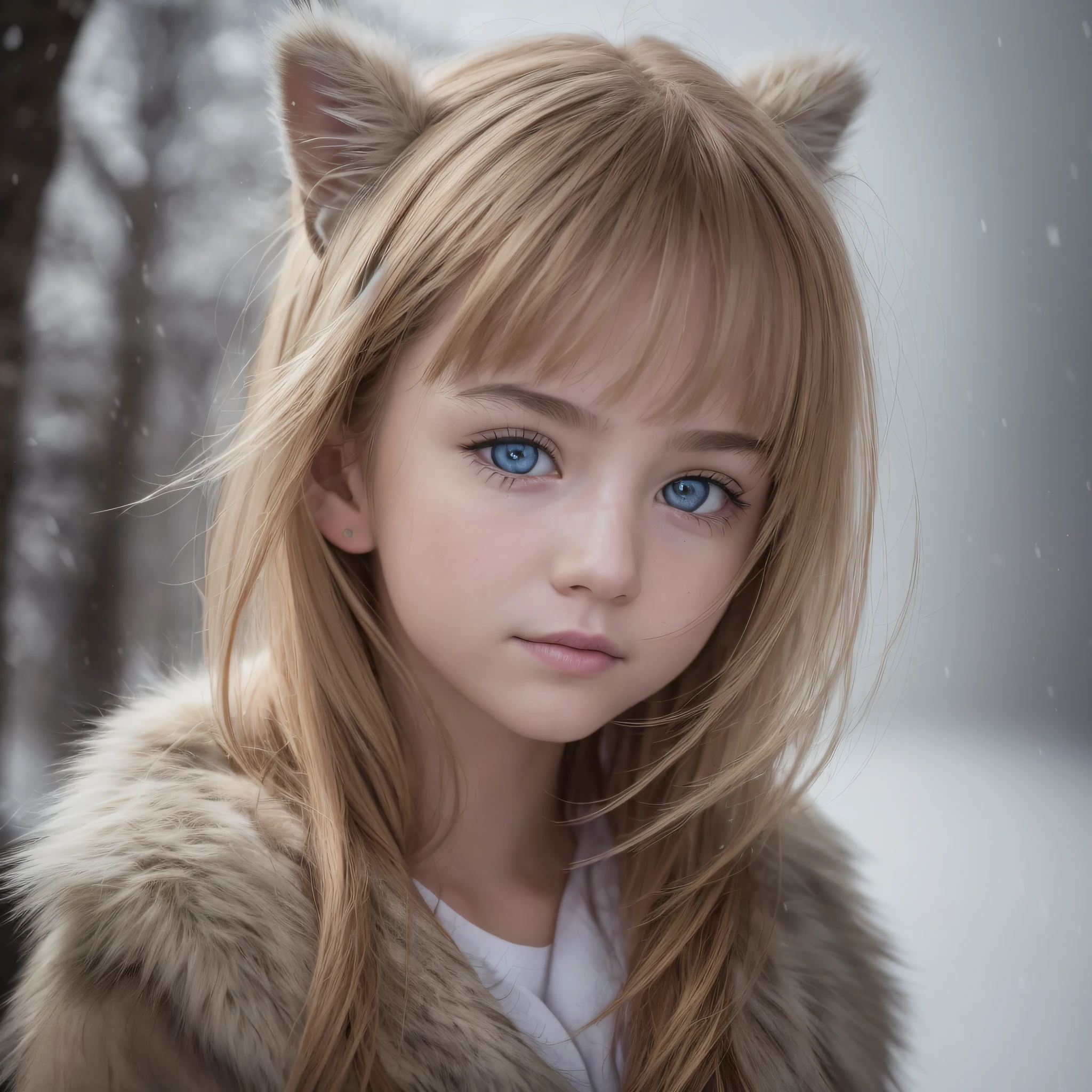 (raw photo: 1.2), (photorealistic: 1.4), (best quality: 1.4), (ultra highres: 1.2), (highly detailed: 1.3), (HDR: 1.2), (cinematic lighting: 1.3), (detailed eyes), (detailed facial features), (detailed fur), (snowy background: 1.2), blonde 10-year-old girl, standing pose, (body portrait 3/4: 1.2) --auto --s2