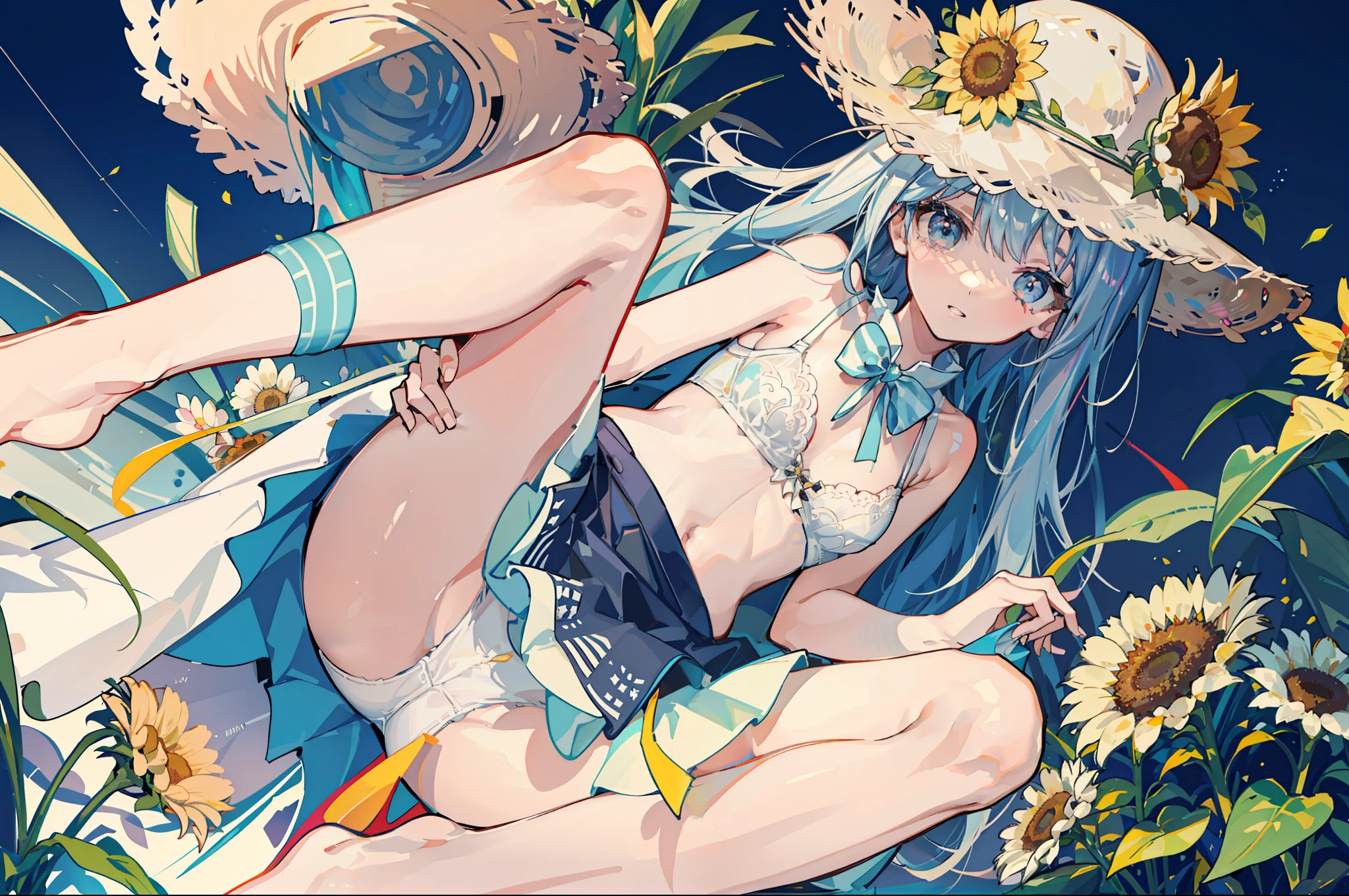 Ray Tracing,{Best Quality}, {{Masterpiece}}, {High Definition}, Original, Highly Detailed 8K Wallpaper, {Very Delicate and Beautiful},incredibly_absurdres,Colorful,Intricate Details,Art Book,Flower,1girl, Hat, Plant, straw_hat, Leaf, lily_(Flower\), potted_plant, Sleeveless, Solo, looking_at_viewer, Sunflower, hat_flower,, bare_shoulders, Bangs, medium_, upper_body, parted_lips,White skirt, angle from below, miniskirt, pantiese, girl squatting on the ground, legs spread wide, showing off crotch to viewer, Sheer, Very small panties, buttothe grounh up, 14 years old, half taken off can see inside through the ganties, panties are half off, bra is transparenis pulledoth hands to show inside, bra is taken off with both hands, inside is visible through the gap in the bra, small bra, straight in front angle, M-shaped legs, show crotch, show open crotch, squat down to show buttocks, underwear that is about to be taken off,