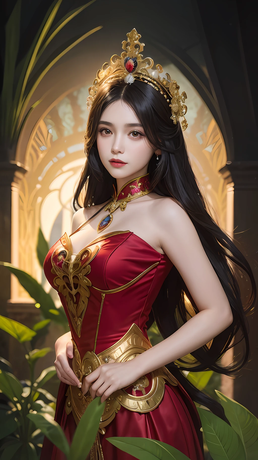 1 heroine, 1 beautiful princess, In the Dark: 1.6), surreal female portrait by David Hockney and Alphonse Mucha, fantasy art, korea doll, photorealism, dynamic lighting, artstation, poster, volumetric lighting, very detailed faces, 8k ultra, all body, Awarded, in the dark, deep shadow, low key, cowboy lens, (Red phoenix dress: 1.4), long hair, black hair, bust, luxurious palace, Royal style, Princess crown, Big round black eyes, style Royal, The most beautiful face, big and regular ???????, Super realistic,