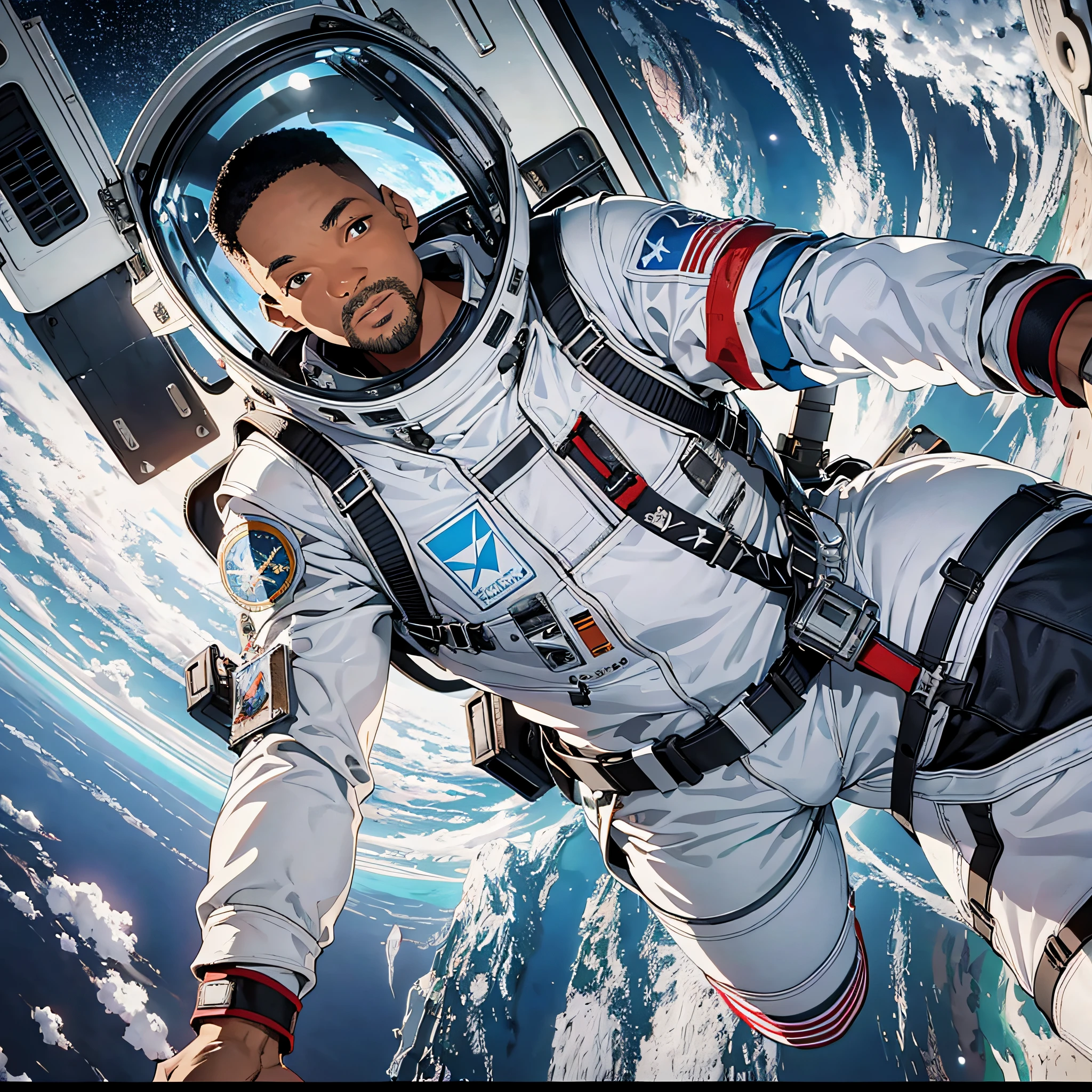Will Smith wears a white spacesuit, a cruciform space station, floating in space