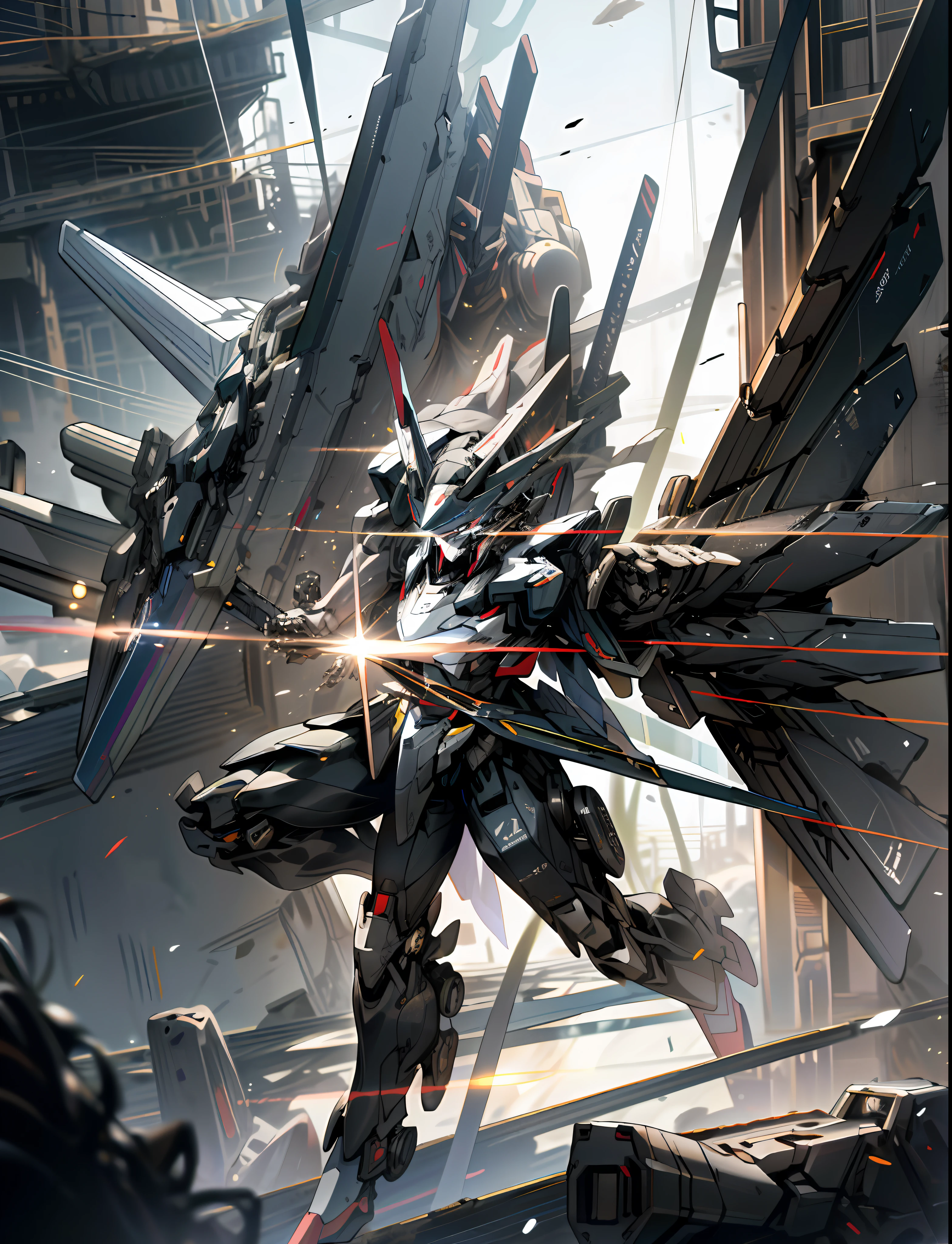 Surrealism, ray tracing, UHD, high details, 8k, best quality, textured skin, black Gundam mech, masterpiece, best quality, black mech, unmanned, (full body), (black mech: 1.5), (axisymmetry: 1.4), (HDR), (movie light: 1.1), black eyes, cool, science fiction, fire, laser cannon beam, war, conflict, The destroyed city background is armed with a weapon, (holding a huge weapon: 1.5), holding an oversized shield