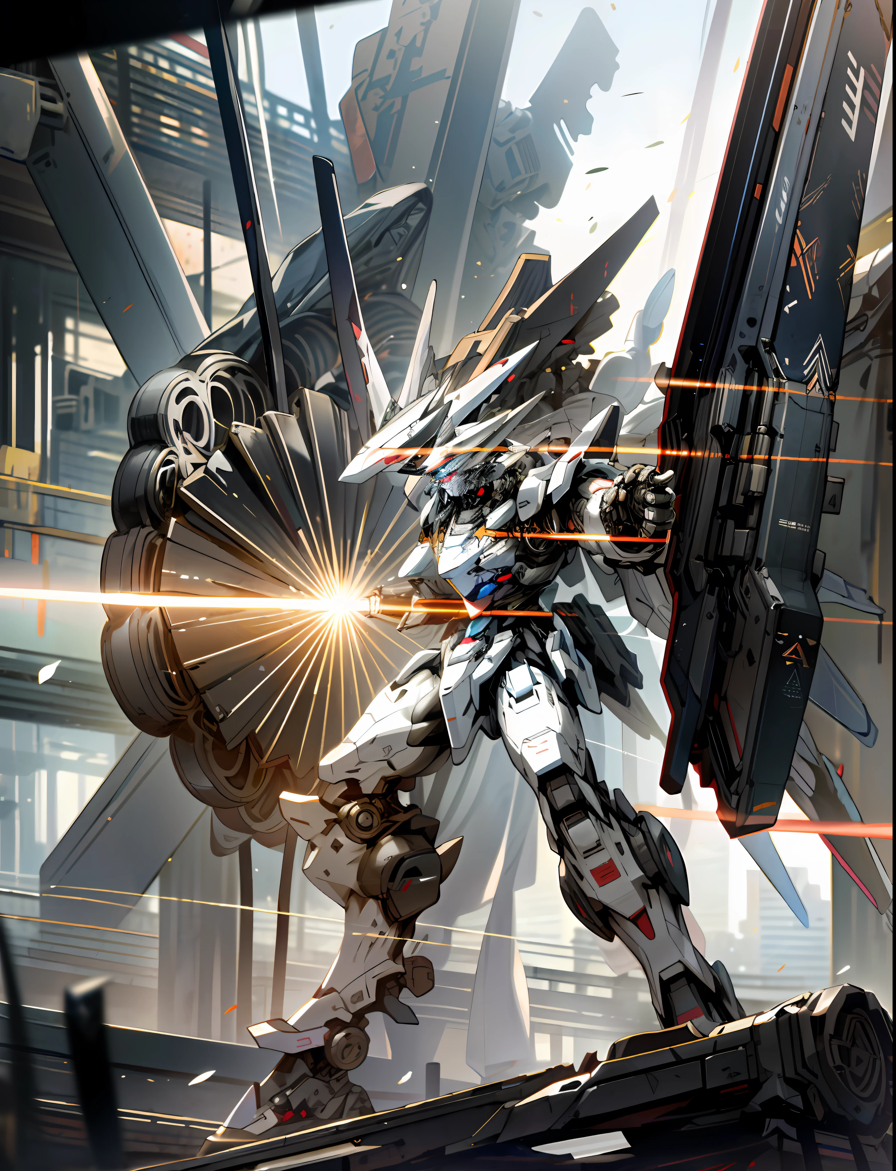 Surrealism, ray tracing, UHD, high details, 8k, best quality, textured skin, black Gundam mech, masterpiece, best quality, black mech, unmanned, (full body), (black mech: 1.5), (axisymmetry: 1.4), (HDR), (movie light: 1.1), black eyes, cool, science fiction, fire, laser cannon beam, war, conflict, The destroyed city background is armed with a weapon, (holding a huge weapon: 1.5), holding an oversized shield
