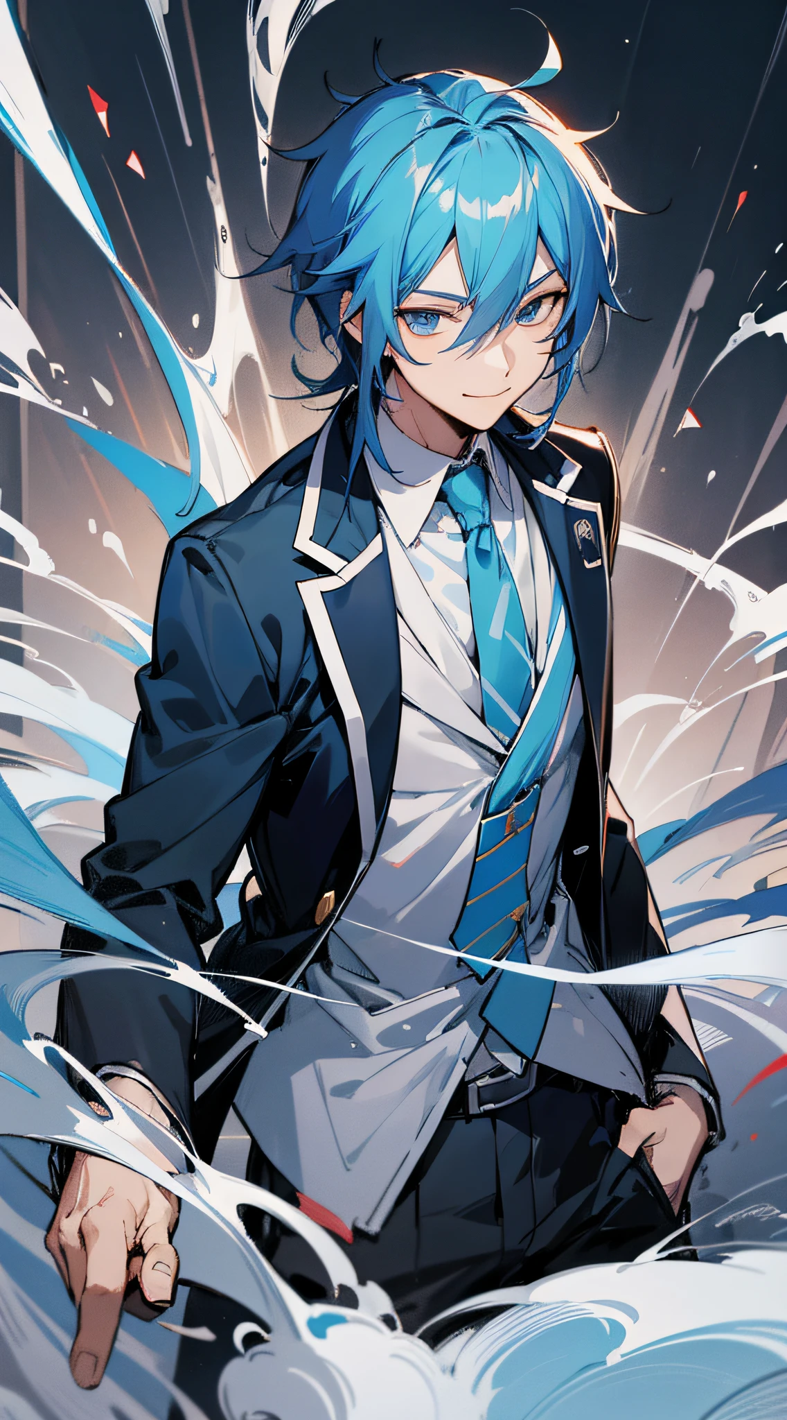 Anime boy, blue hair and red tie, black jacket, blue eyes, handsome eyes, smile, anime art with fine details, Masamune Shiro, young anime man, detailed Hajime Yatatate character design, Fus Rei brush strokes, night core scene, moe anime style.   8k --auto --s2