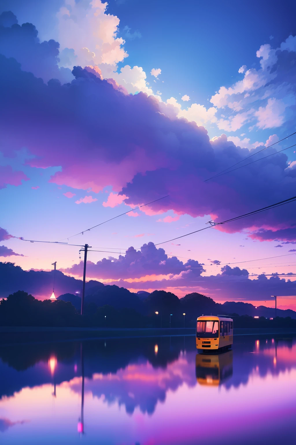 a tram running on a lake, sky, reflection, dynamic breathtaking clouds, power lines, digital illustration, magnificent, purple color palette, low angle shot, art
