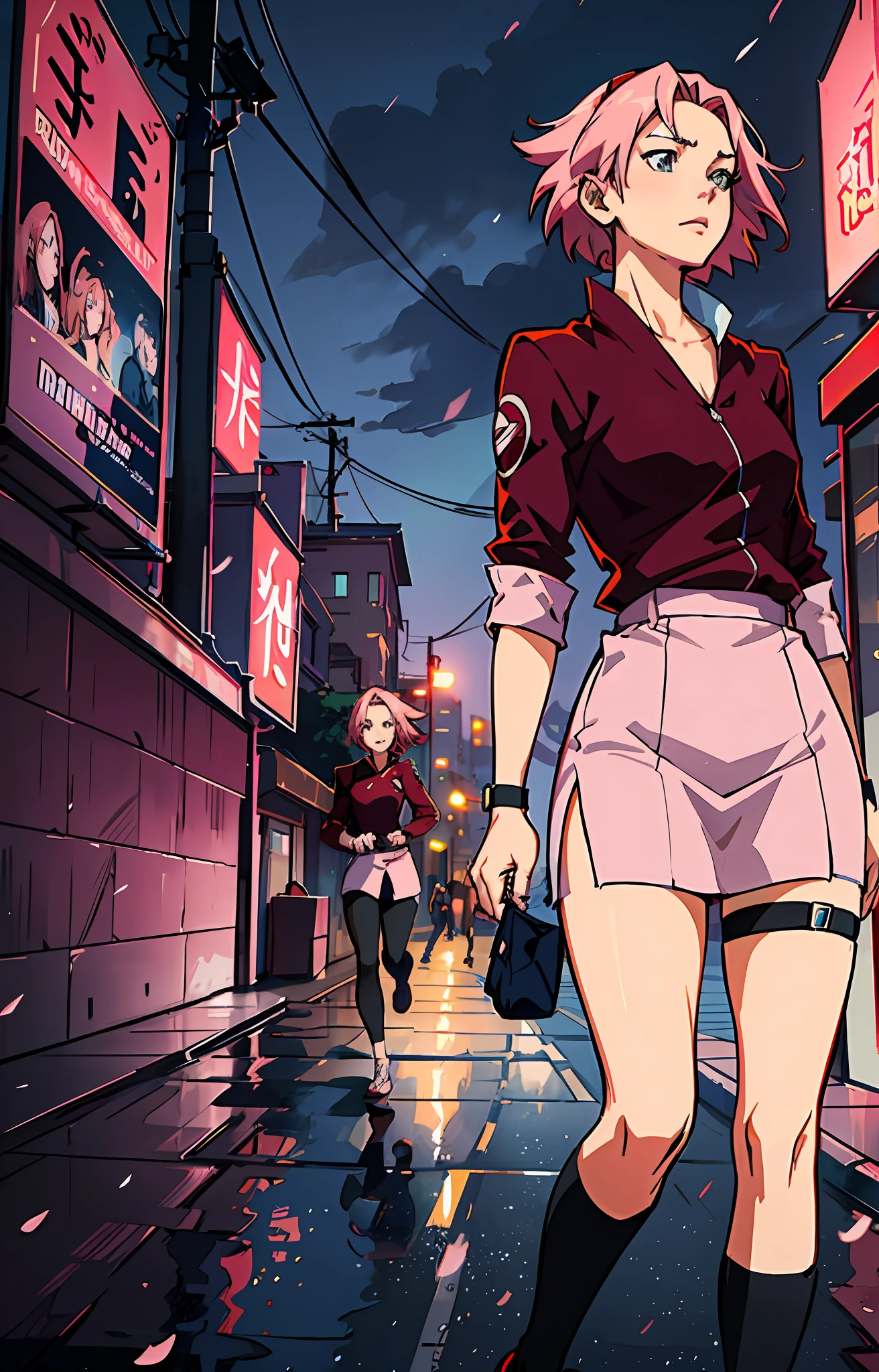 Sakura haruno, ANIME NARUTO, NINJA, solo, ((forehead the show)), charming,fitness, attractive, wearing a ((red blouse)), pink hair, delicate, young, short hair, detailed face, kissing boyfriend, full body, looking up at the sky on a rainy day, bandana on head, trend in art by rhads, andreas rocha, rossdraws, makoto shinkai, laurie greasley, lois van baarle, ilya kuvshinov and greg rutkowski